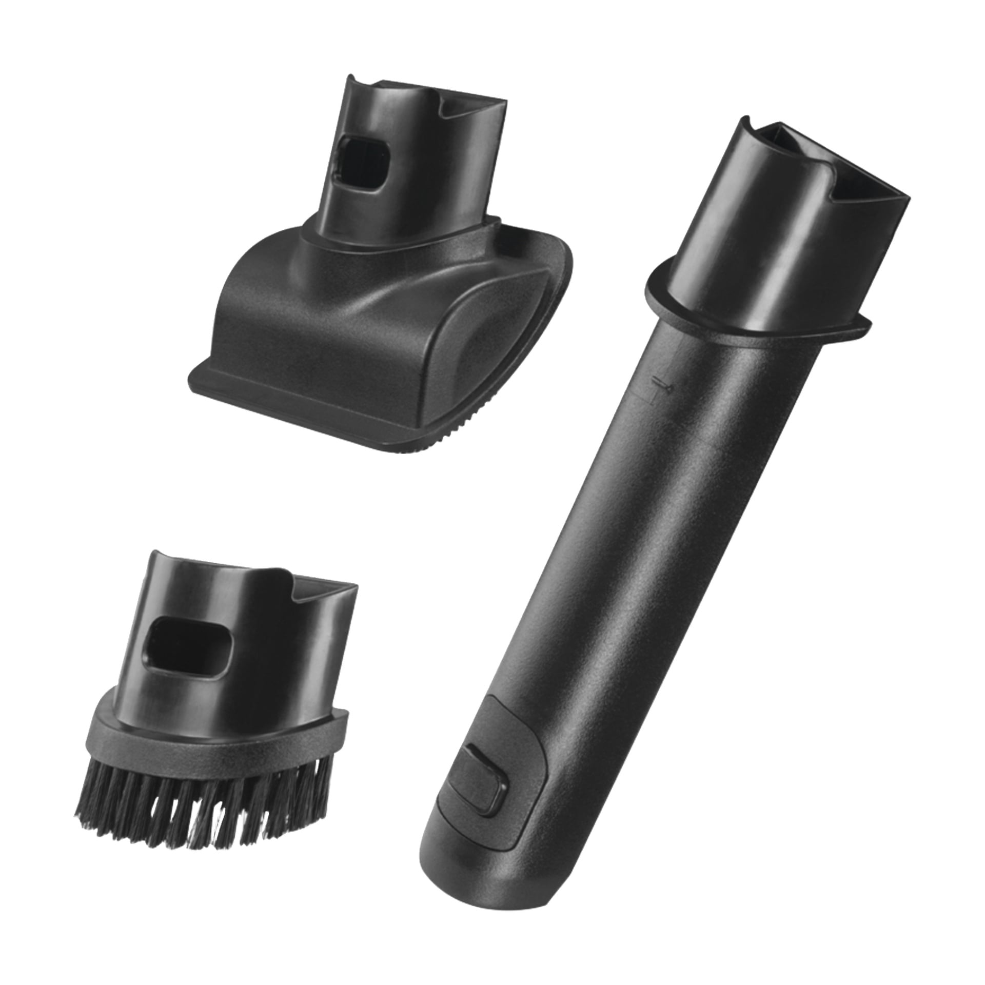 Tre svarta Ryobi USB Lithium Vacuum RHV44-220G-tillbehör: borstmunstycke, sprickverktyg och stoppningsverktyg med kontakter.