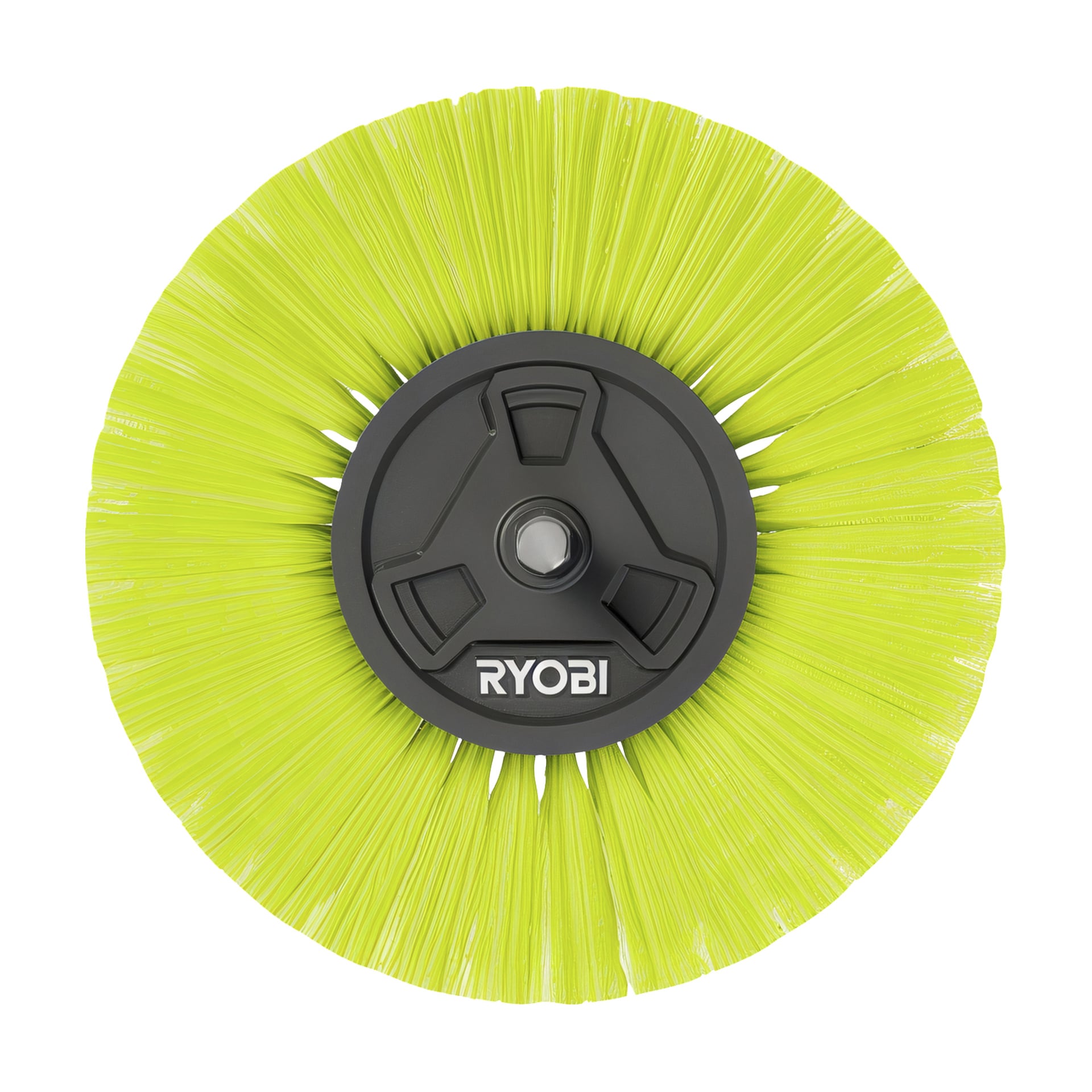 En cirkulär, klargulgrön Ryobi-rengöringsborste med fasta borst och en mörk mittpunkt märkt "RYOBI", kompatibel med elverktyg.