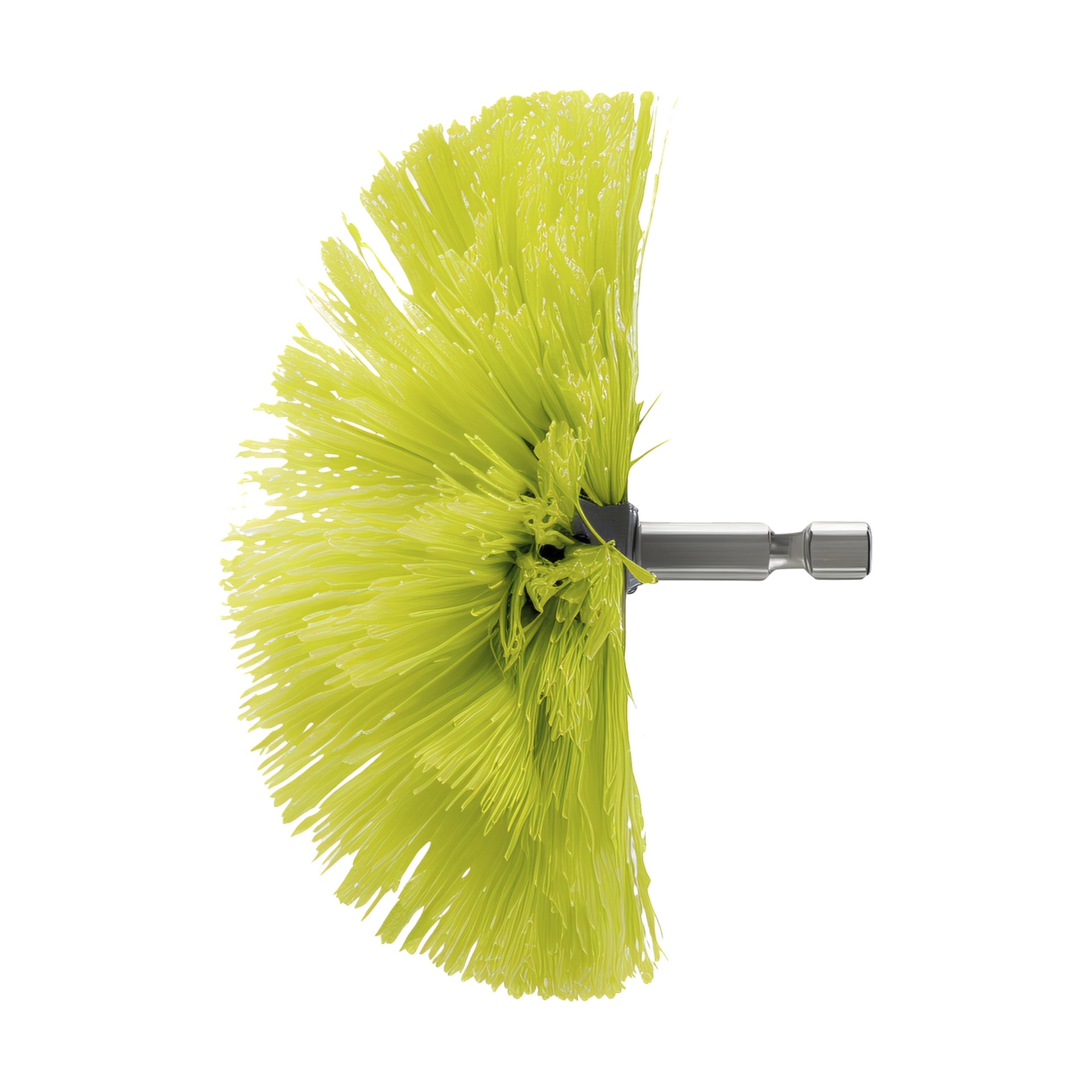 Närbild från sidan av Ryobi USB Lithium Cleaning Brush RACLRM110 med runda gulgröna borst och metallskaft för borr.