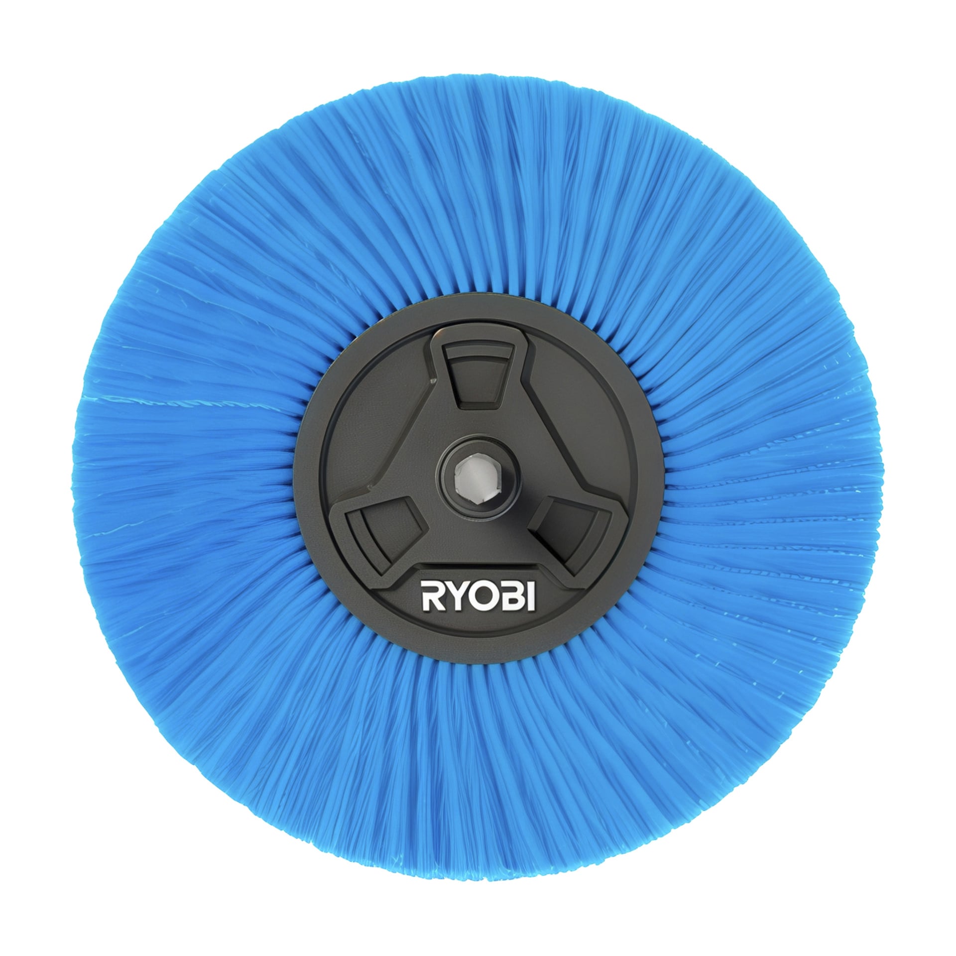 Ryobi USB Lithium RACLRS110 är en blå, rund rengöringsborste med fasta syntetiska borst och en svart plastkärna för elverktyg.