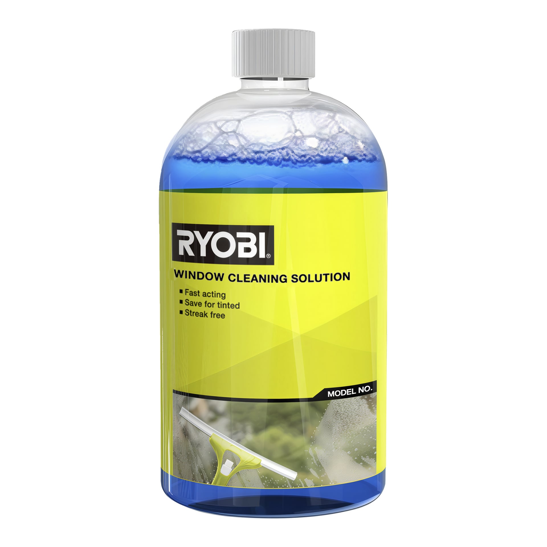 Ryobi One+ tvättmedel flaska med blå vätska, gul etikett som marknadsför snabb verkan, säker för tonade rutor, fri från ränder; Skrapa och blankt fönster nedanför.