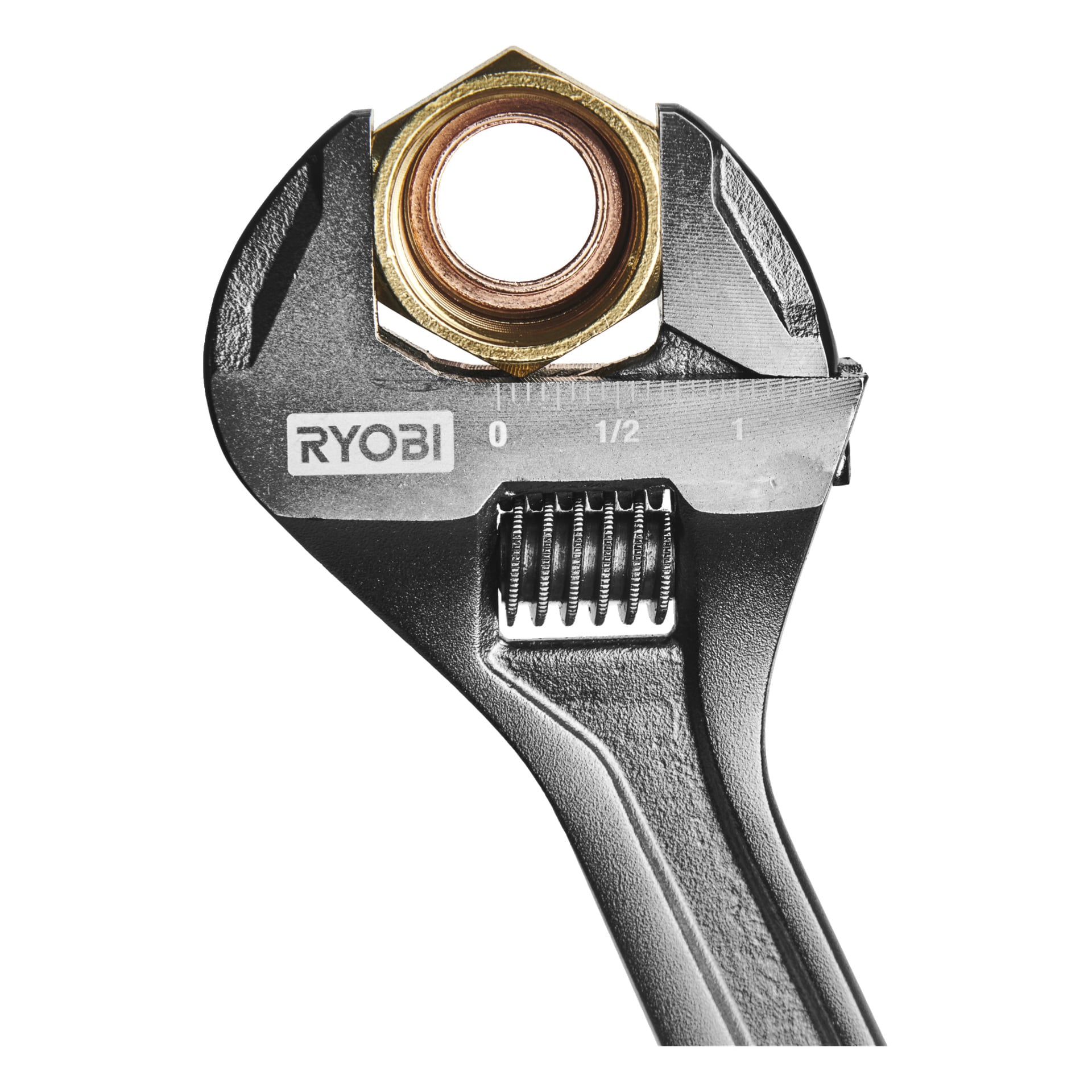 Närbild av Ryobi justerbara skiftnyckel RHAW200 en messingssexkantsmutter med tydliga måttmarkeringar.