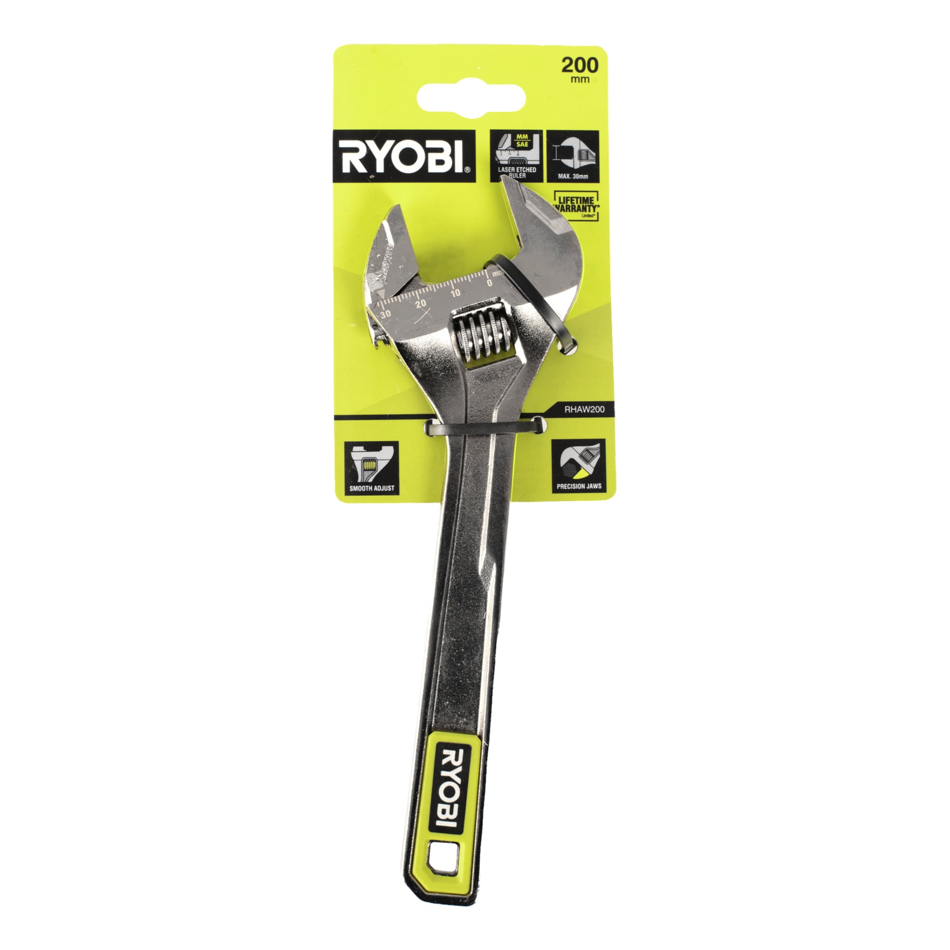 Ryobi RHAW200 justerbara skiftnyckel visas i grön och gul förpackning, med 35 mm käkar, smidig justering och precision.