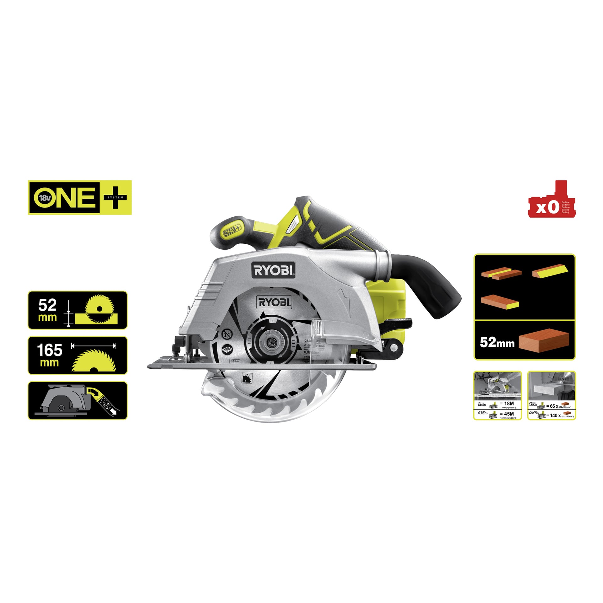Ryobi One+ Piła tarczowa RCS18N-0 prezentowana z głębokością cięcia 52 mm, ostrzem 165 mm, ikonami baterii, schematami drewnianymi i symbolami użytkowania.