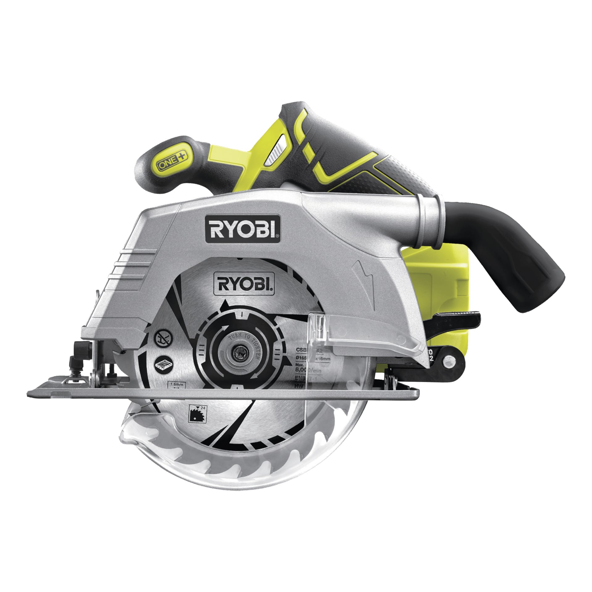 Ryobi One+ piła tarczowa RCS18N-0 pokazana z boku, podkreślając srebrne ostrze, zielono-czarną rękojeść, logo i sterowanie.