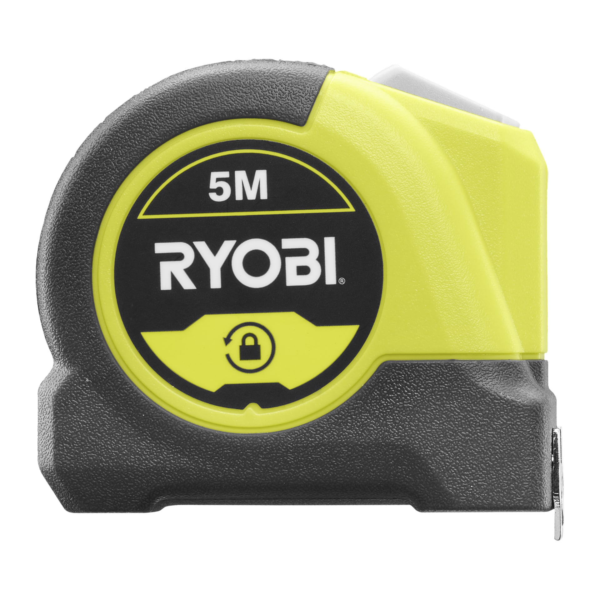 Närbild på Ryobi RHMT5-måttbandet, 5 m långt, med ett gult och svart hölje och en låssymbol på framsidan.