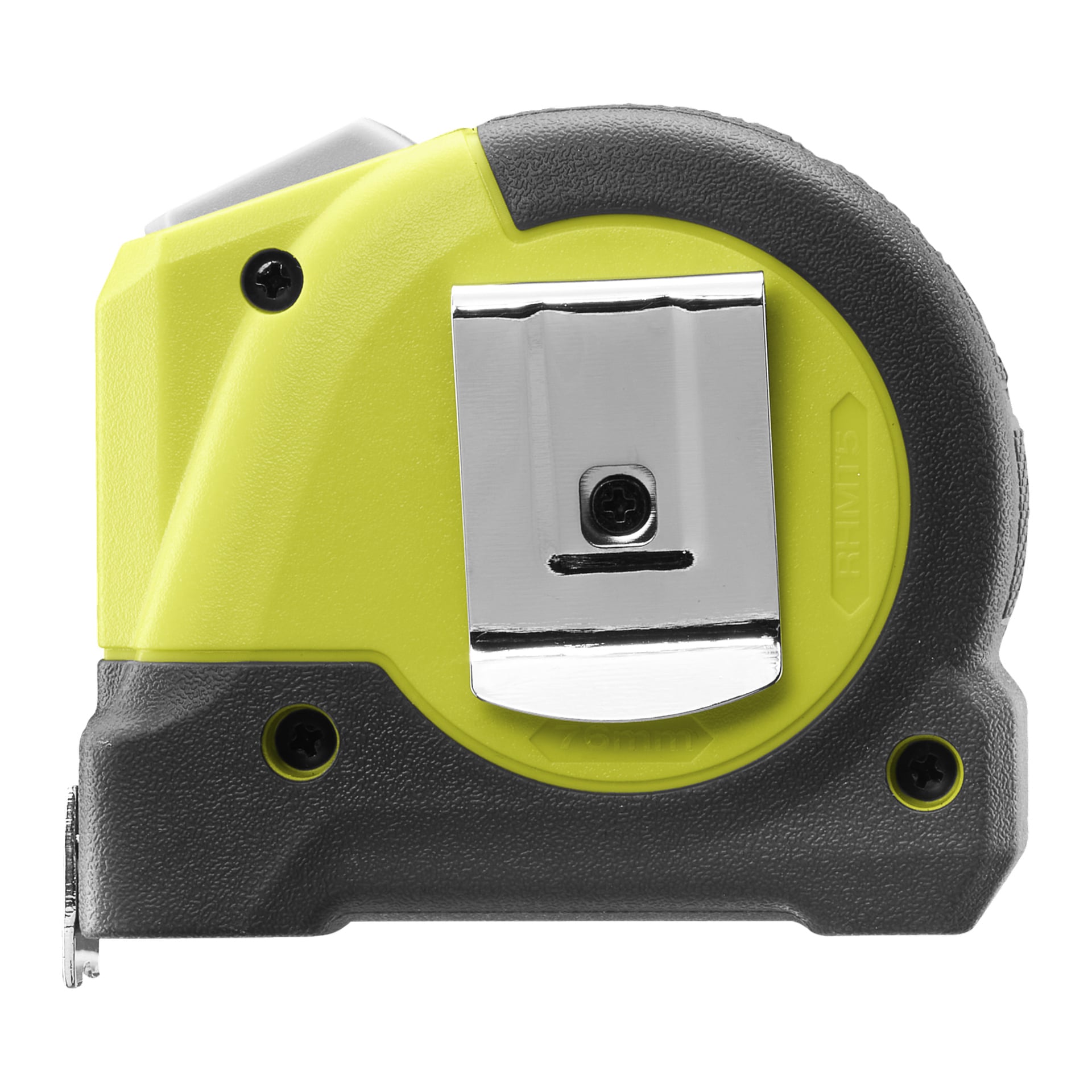 Ryobi RHMT5 måttband med gul och svart kropp och ett metallklämma från sidan.