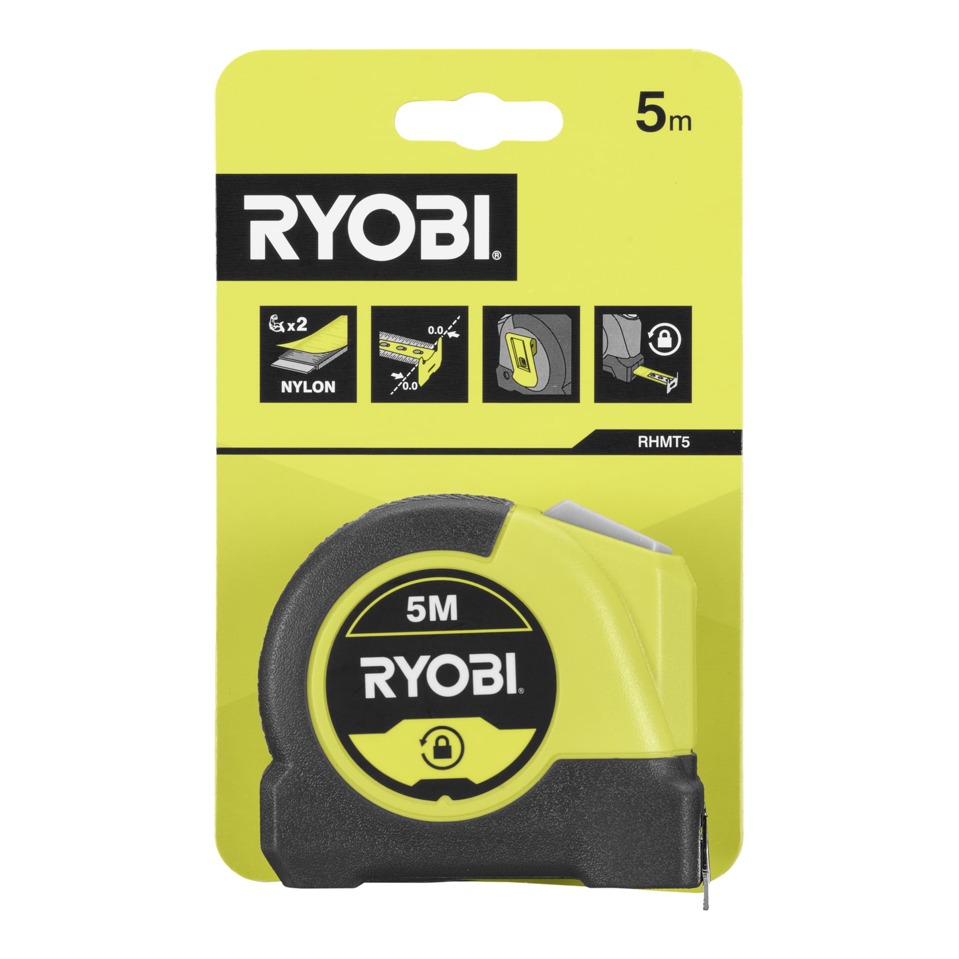 Ett 5-meters Ryobi RHMT5-måttband i gul och svart förpackning, med produktinformation högst upp och verktyget delvis synligt nedanför.