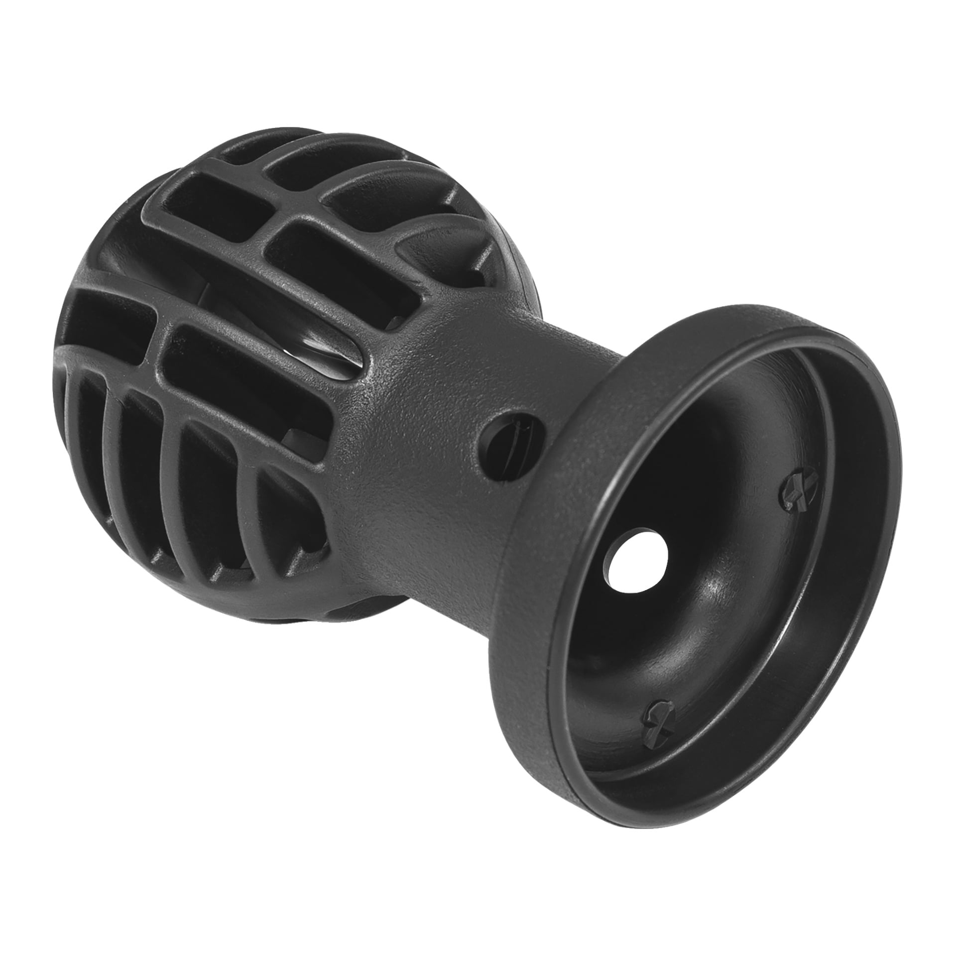 Svart plastsäkerhetsnet med en cylindrisk bas, öppen ände med två skruvhål och ett rundat ventilerat lock.