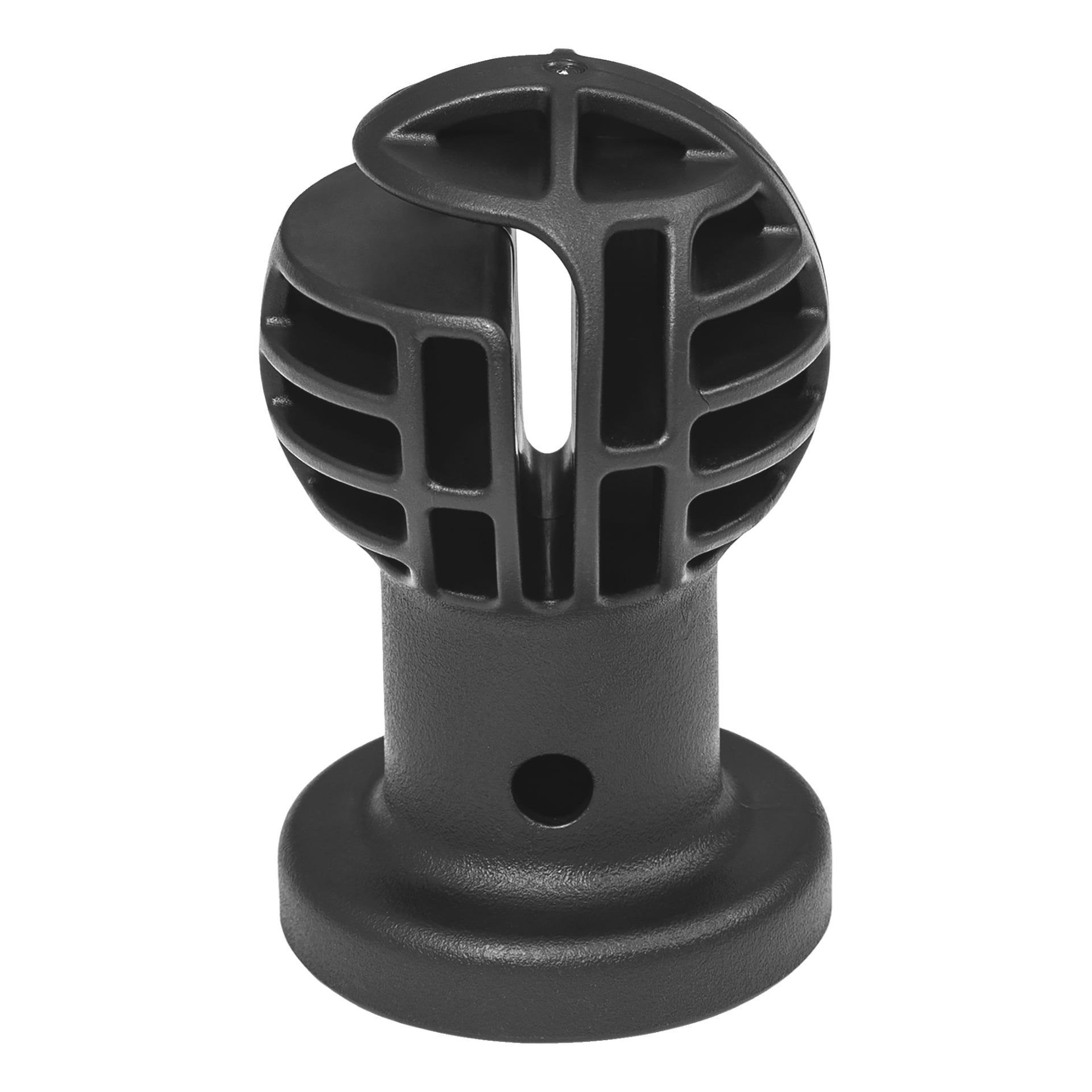 Svart plastsäkerhetsnätsknopp med cylindrisk bas, flera springor och en öppen springa upptill.