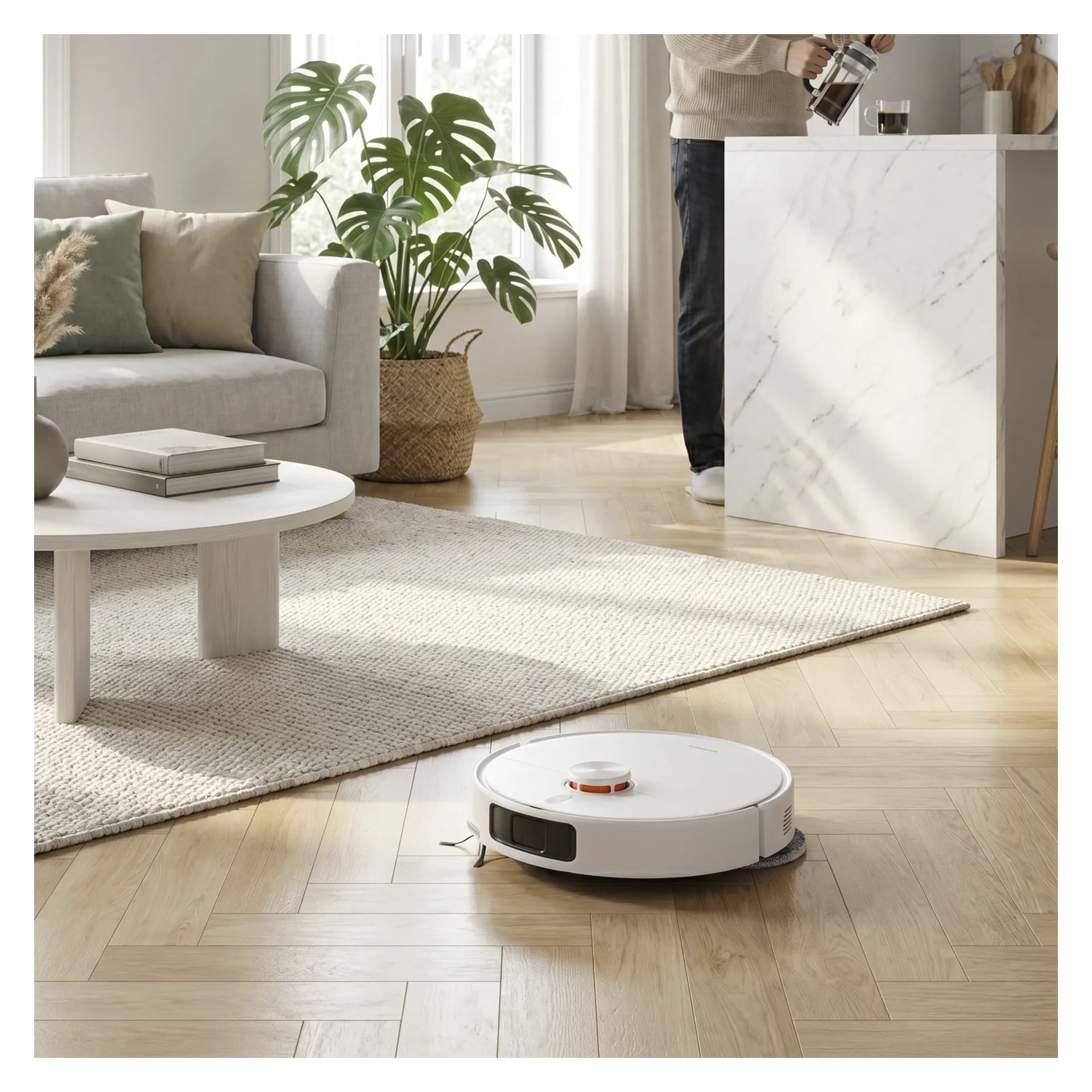 En vit Xiaomi S40 Pro robotdammsugare med mopp rengör ett ljust trägolv i ett stilfullt vardagsrum. I bakgrunden står någon vid en marmorköksö, med grönska och neutrala dekorationer runt omkring sig.