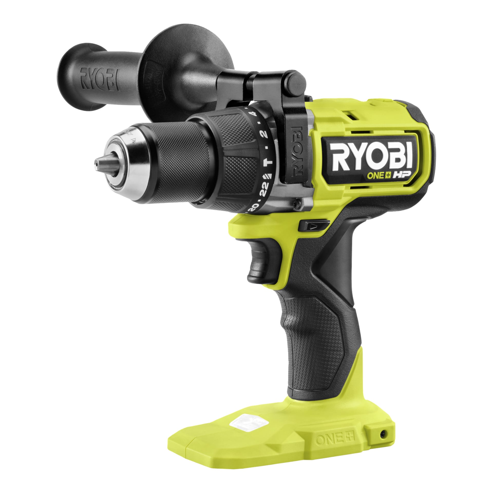 Ryobi One+ HP RPD18X1-0 perkusjonsskrutrekker med sidehåndtak, svart grep, limegrønn kropp og fet RYOBI-bokstav på siden.