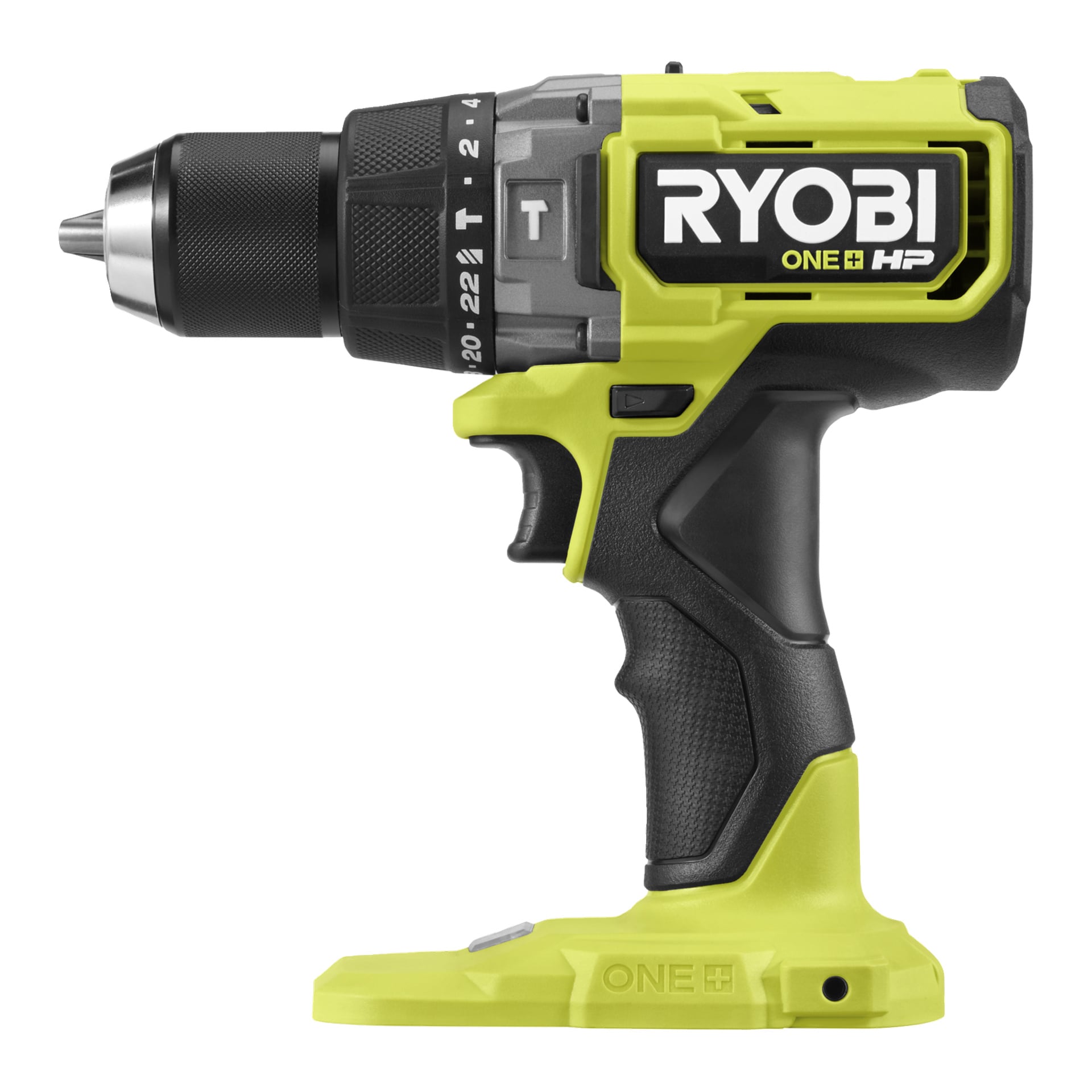 Ryobi One+ HP RPD18X1-0 skrutrekker, svart og grønn, med teksturert grep, dreiemomentinnstillinger, nøkkelfri chuck og batteriplass.