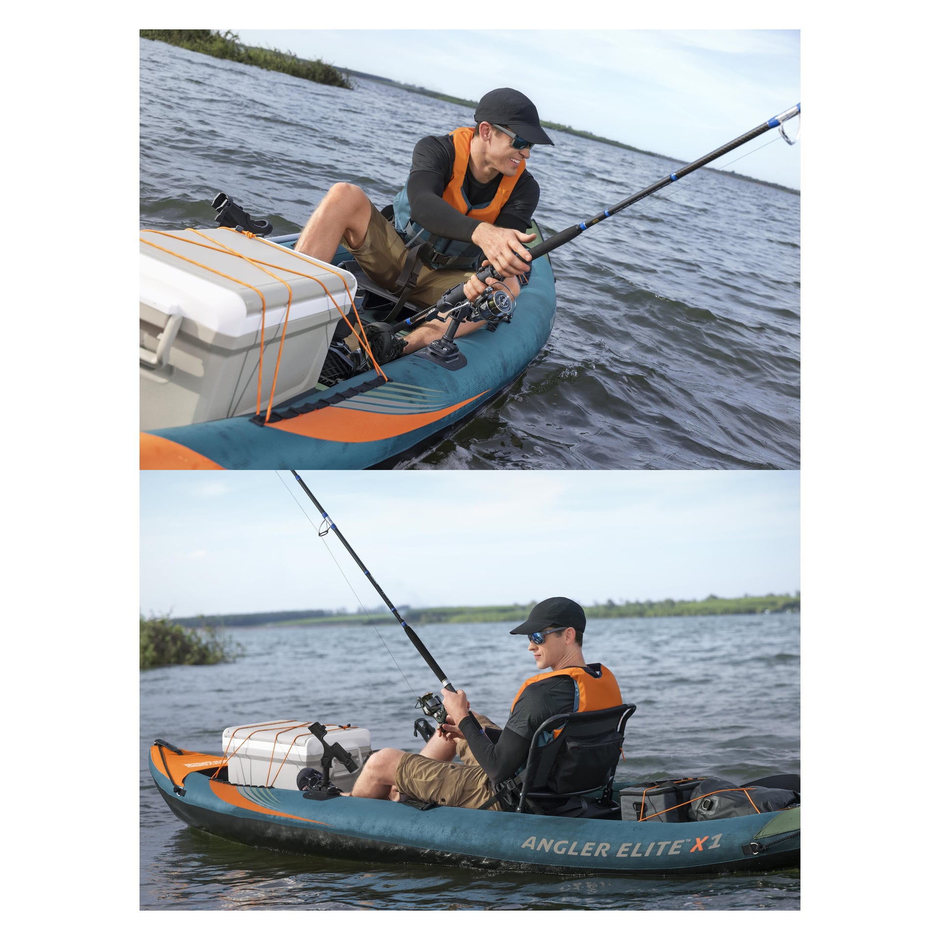 Pelastusliivissä ja hatussa oleva henkilö kalastaa sinioranssista Bestway Elite X1 -kajakista järvellä, jonka edessä on kylmälaukku.