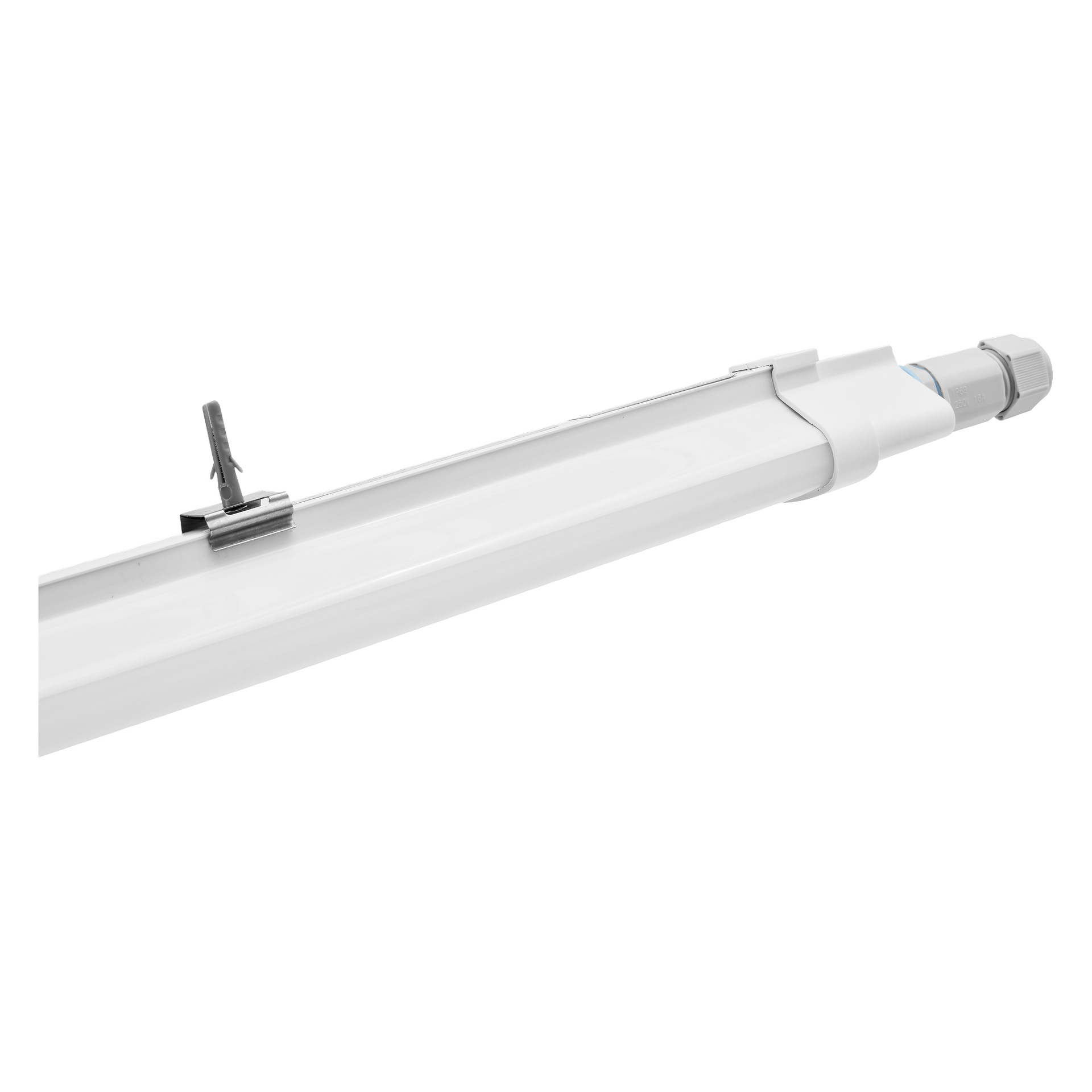 Närbild på en vit Anslut LED-armatur med en metallklämma placerad nära ena änden.
