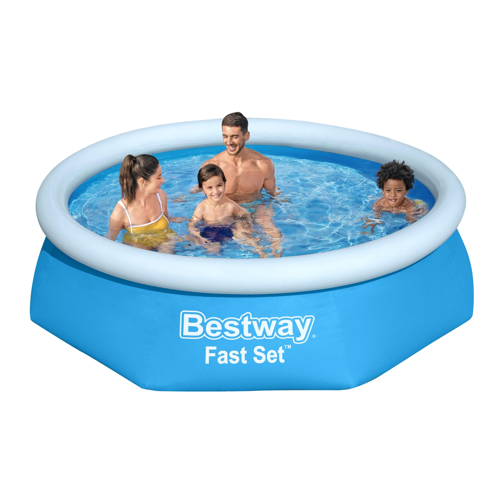 Två vuxna och två barn skrattar och plaskar i en rund blå Bestway Fast Set pool fylld med vatten.