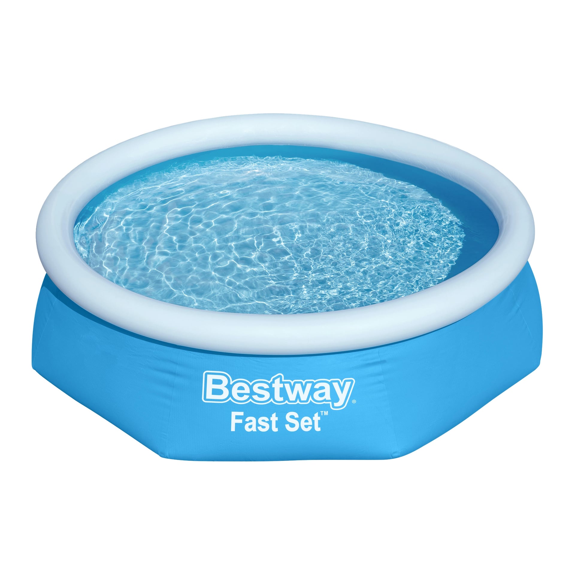 En rund blå Bestway Fast Set-pool fylld med vatten, med varumärket i vita bokstäver på sidan.