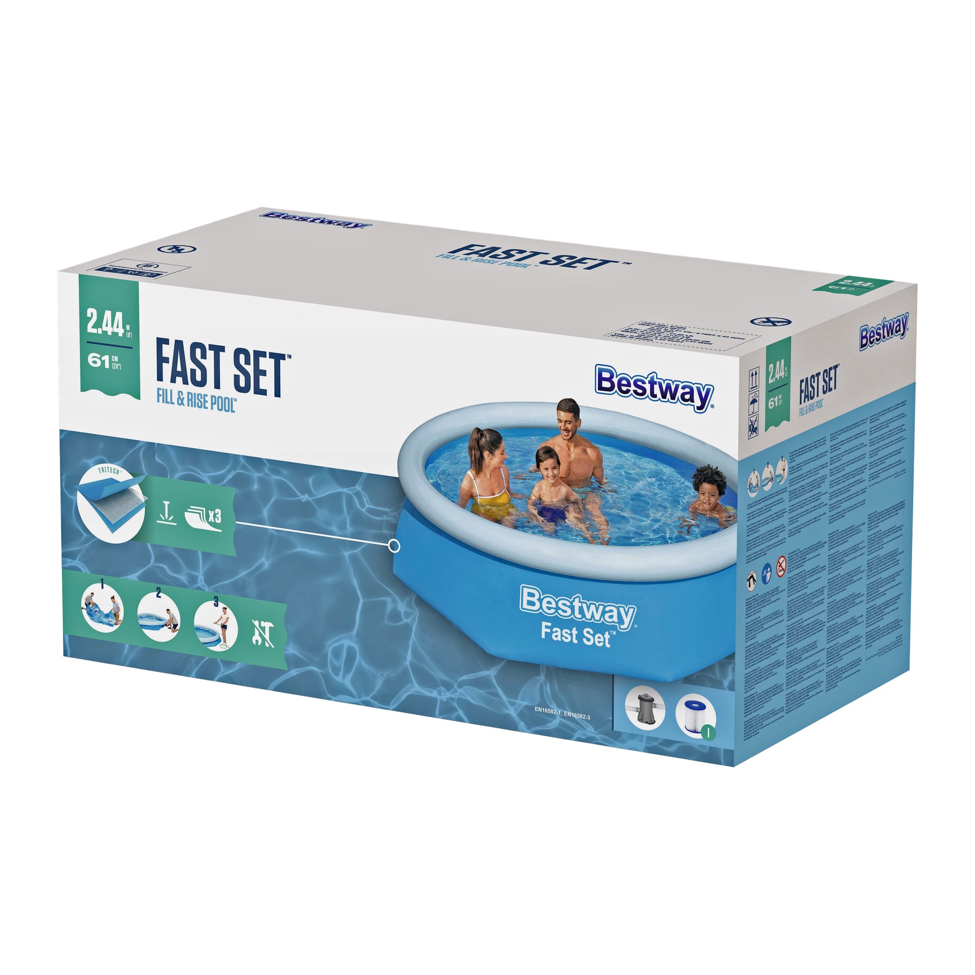 Bestway Pool Fast Set-lådan visar fyra personer i poolen, varumärkeslogotyp, produktfunktioner och storlek: 2,44 m x 61 cm.