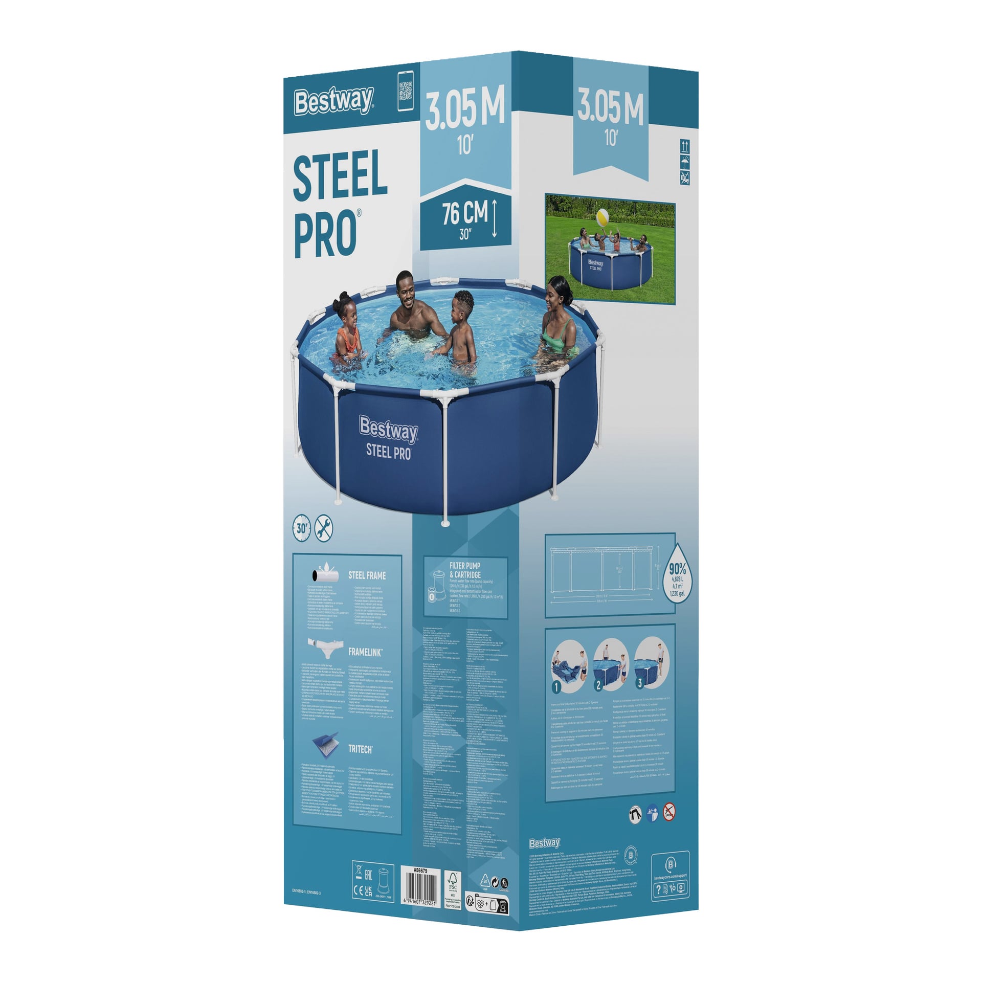 Bestway Steel Pro -altaan vähittäismyyntilaatikossa on neljän kappaleen perhe, jossa on 3,05 m halkaisija, 76 cm korkeus, teräsrunko ja tuotekuvat.