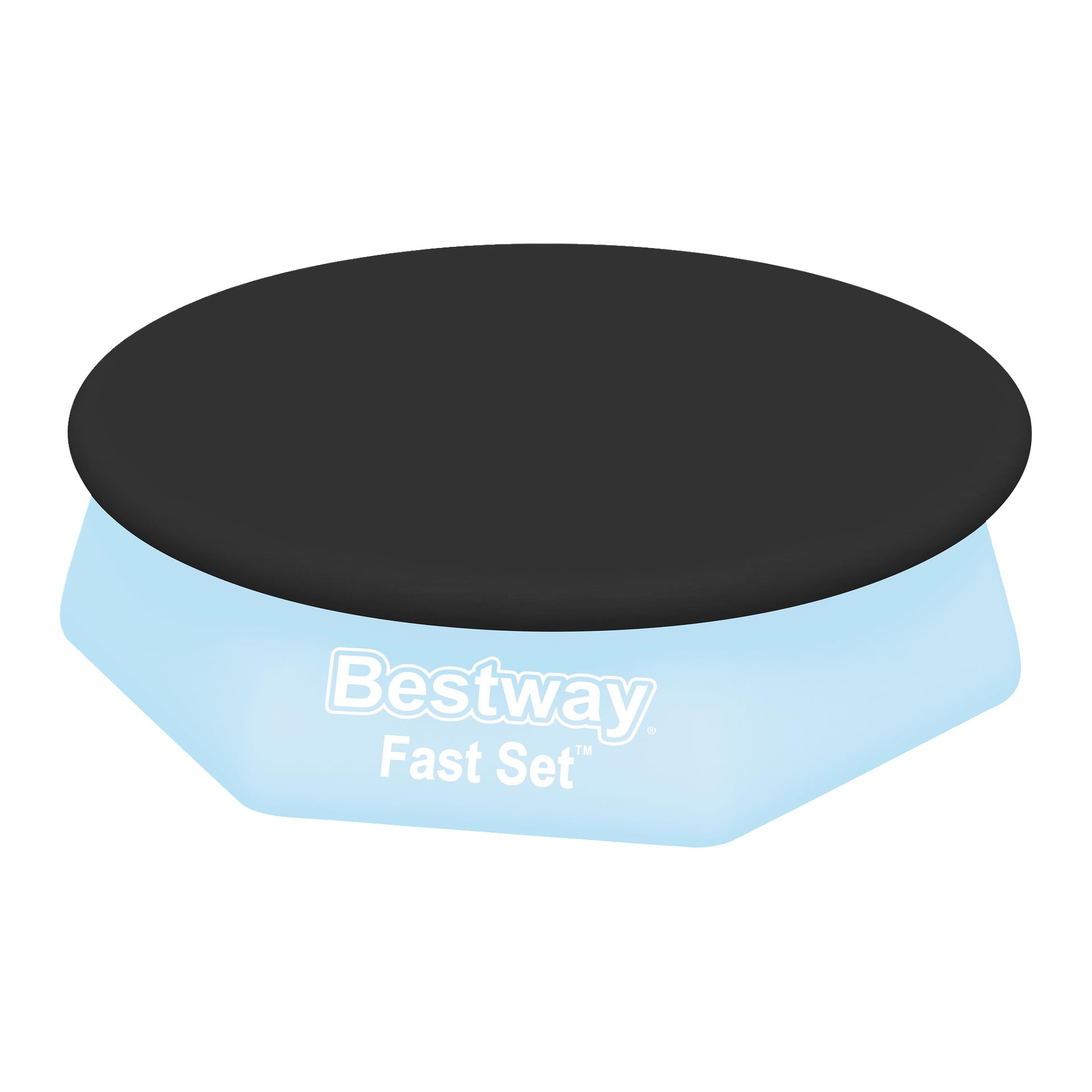 En ljusblå uppblåsbar Bestway-pool med ett svart runt lock. "Fast Set" och varumärkeslogotypen visas i vitt på sidan.