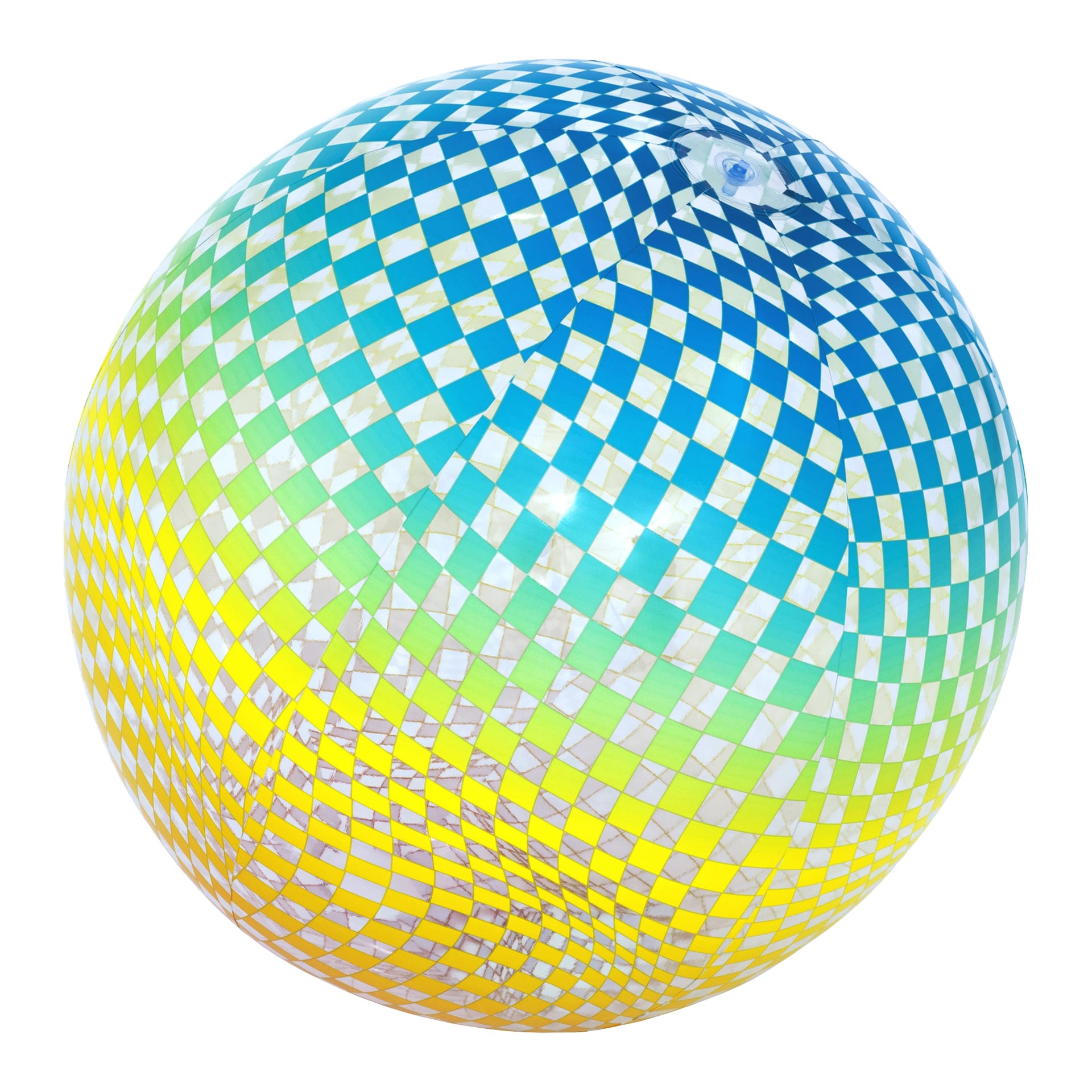 En stor Bestway Colosphere Beach Ball med blå, grön, gul och vit rutor, vinklad för att visa luftventilen nära toppen.