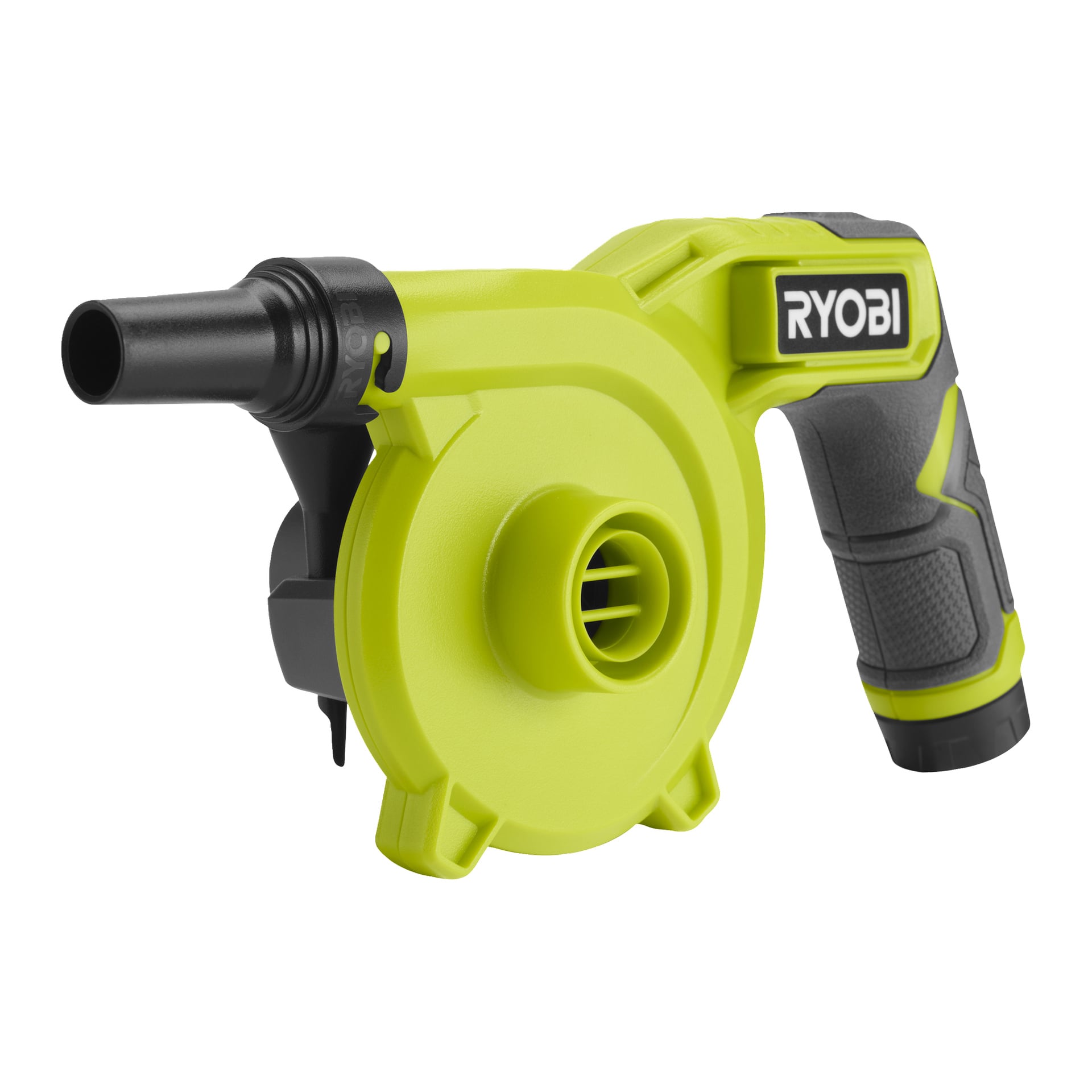 Żółto-pompa powietrzna Ryobi USB Lithium Battery RVI4-0 z uchwytem pistoletowym i okrągłą centralną obudową silnika.