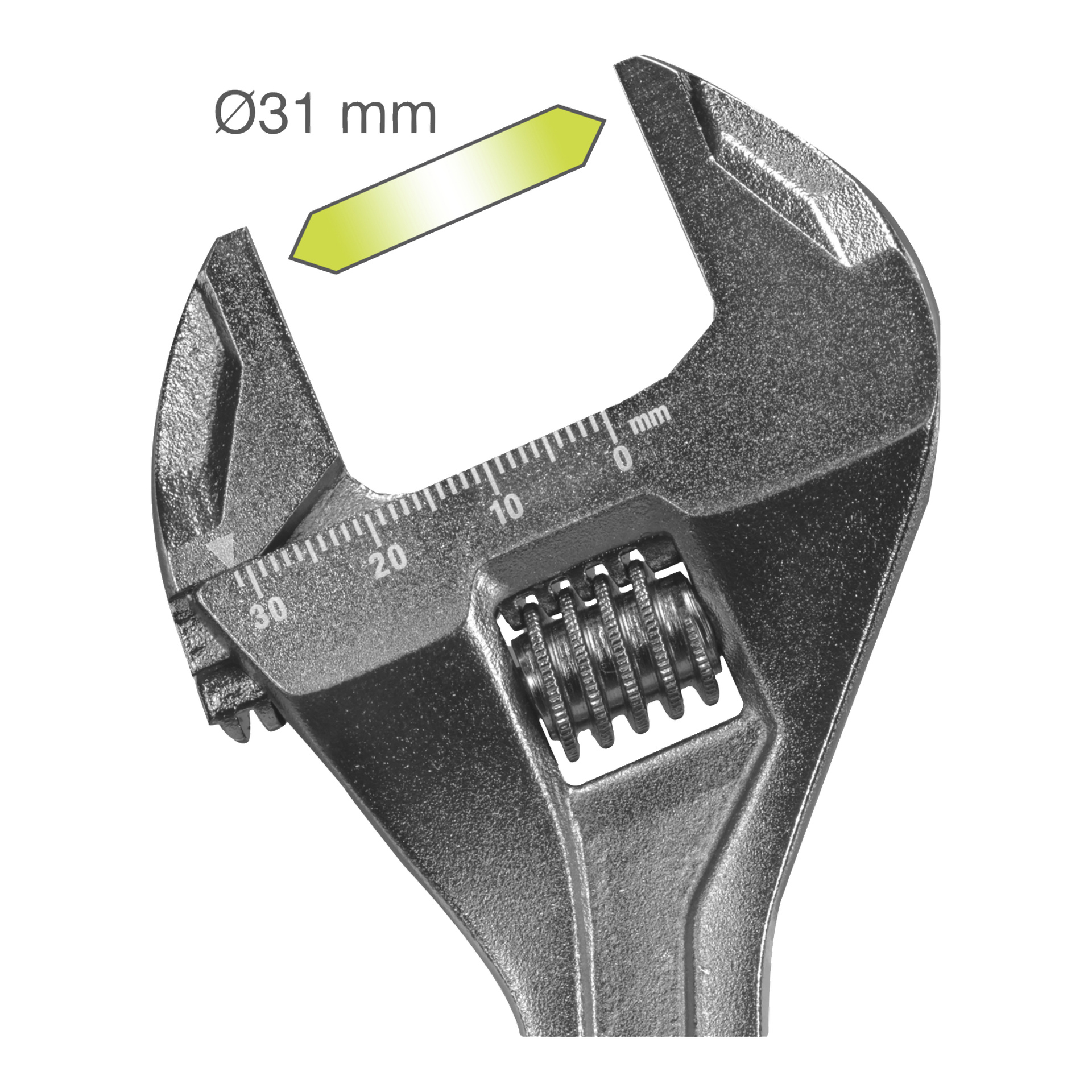 Ryobi justerbar skiftnyckel RHAW200 visad på nära håll med skalan inställd på 31 mm, markerad av en gul dubbelhändad pil.