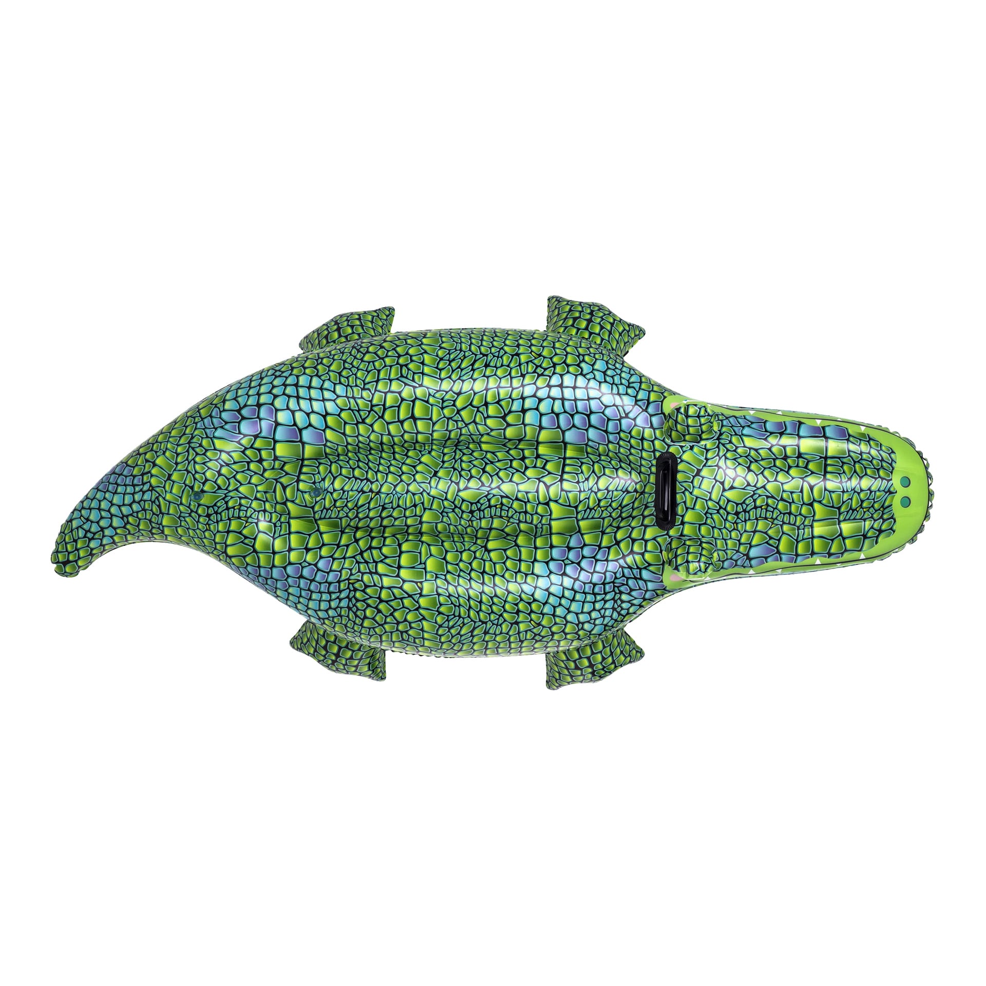 En uppblåsbar poolflottör formad som en krokodil med gröna och blå fjäll och två handtag på ryggen.