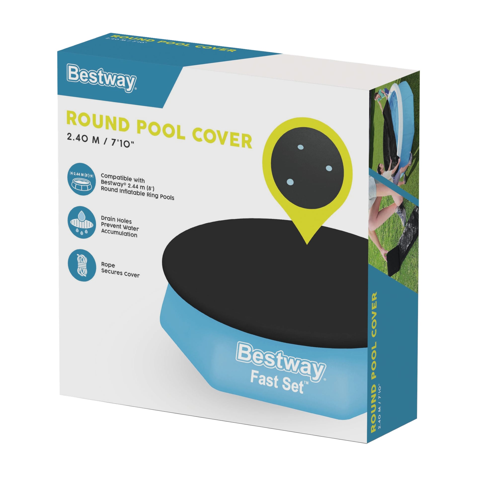 Låda med Bestway Round Pool Cover för 2,40 m pooler, förpackningen visar det svarta locket på en blå pool med info och installationsbilder.