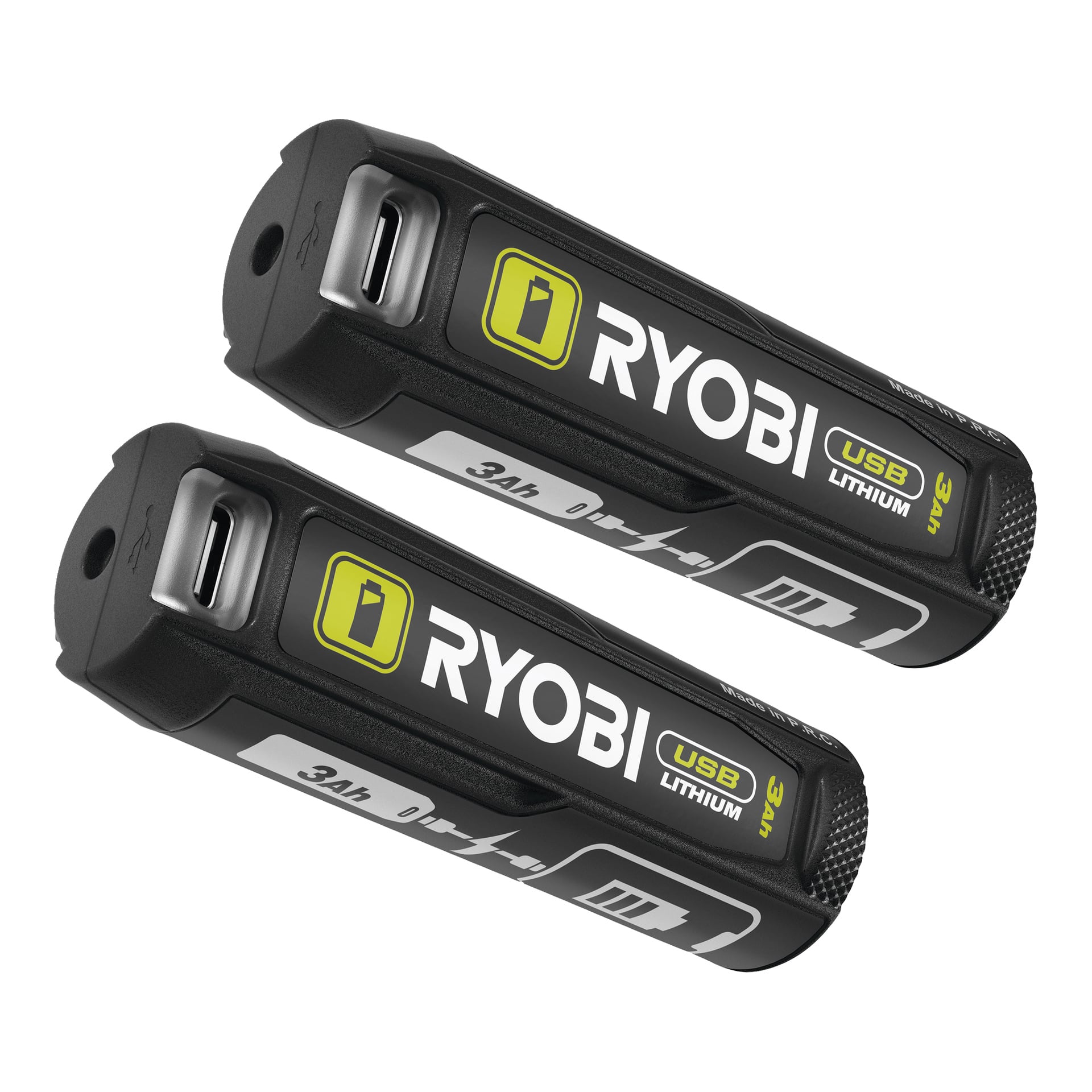 Två svarta Ryobi USB Lithium Batteries RB4L30X2 (2-pack) ligger sida vid sida, med USB-portar och vita och gula etiketter.