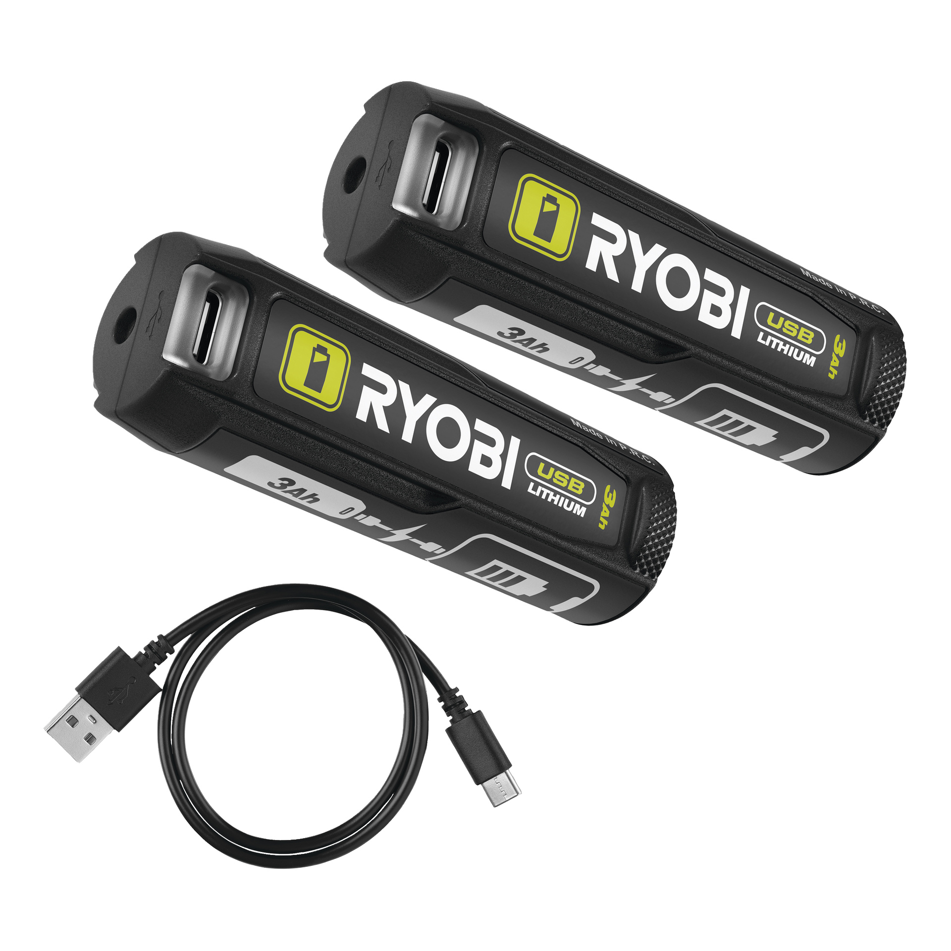 Två Ryobi USB litiumbatterier RB4L30X2 (2-pack) placerade ovanpå en svart USB till micro-USB laddningskabel. Etiketter visar logotypen och specifikationerna.
