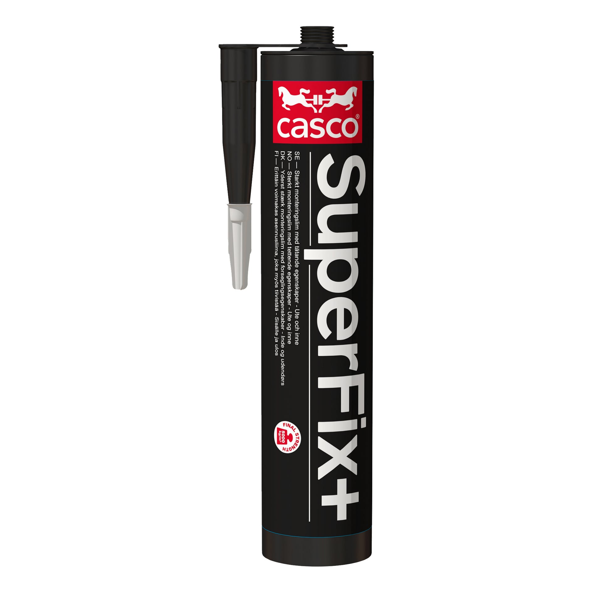 Ett svart rör av Casco Assembly lim Superfix+ visar den röda och vita Casco-logotypen högst upp, med ett vitt vinklat munstycke på sidan. Orden "Superfix+" är tryckta vertikalt i vitt längs röret.