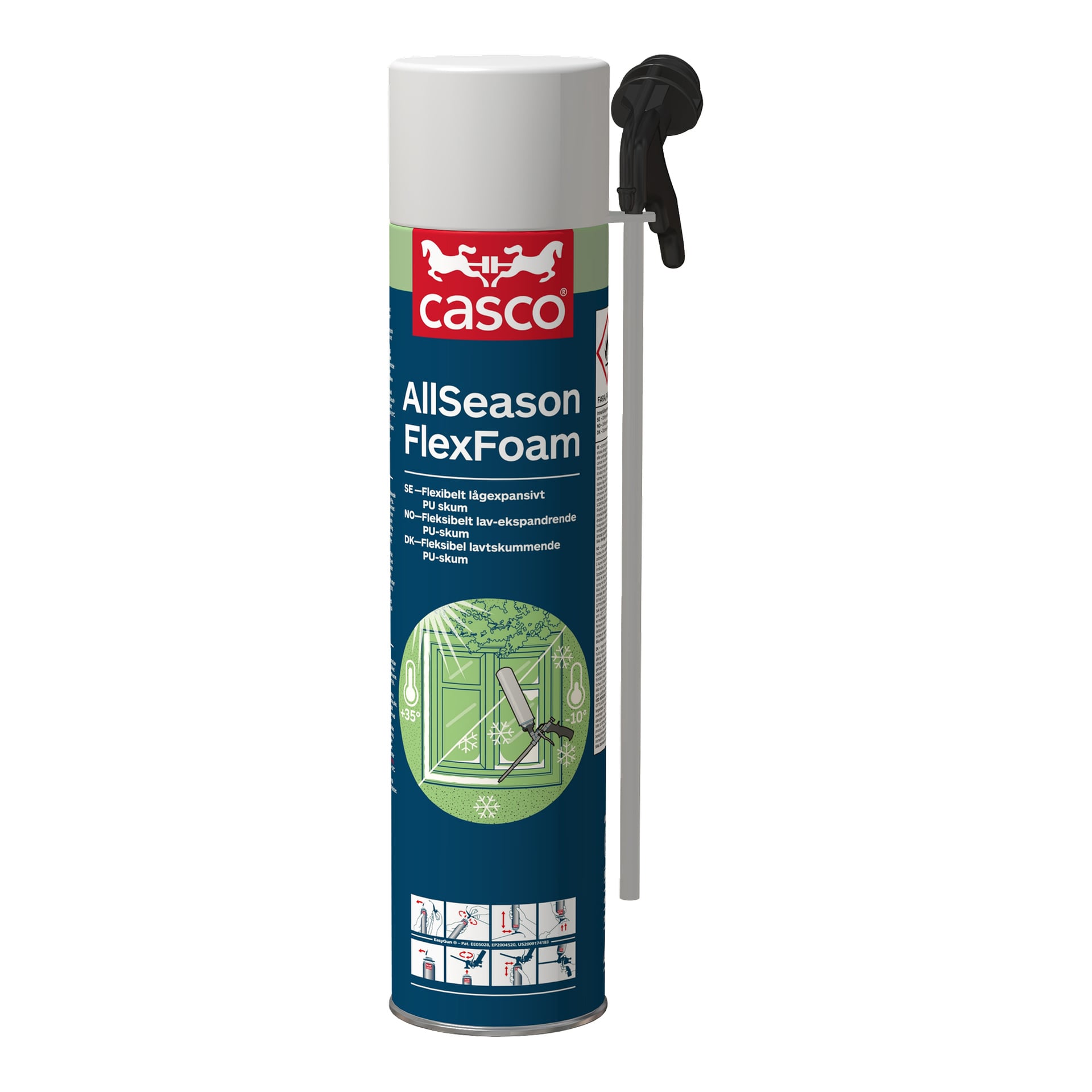 En høy boks Casco Sealant Foam AllSeason FlexFoam med dyse og slange; Etiketten viser instruksjoner, detaljer og vindusdiagrammer.