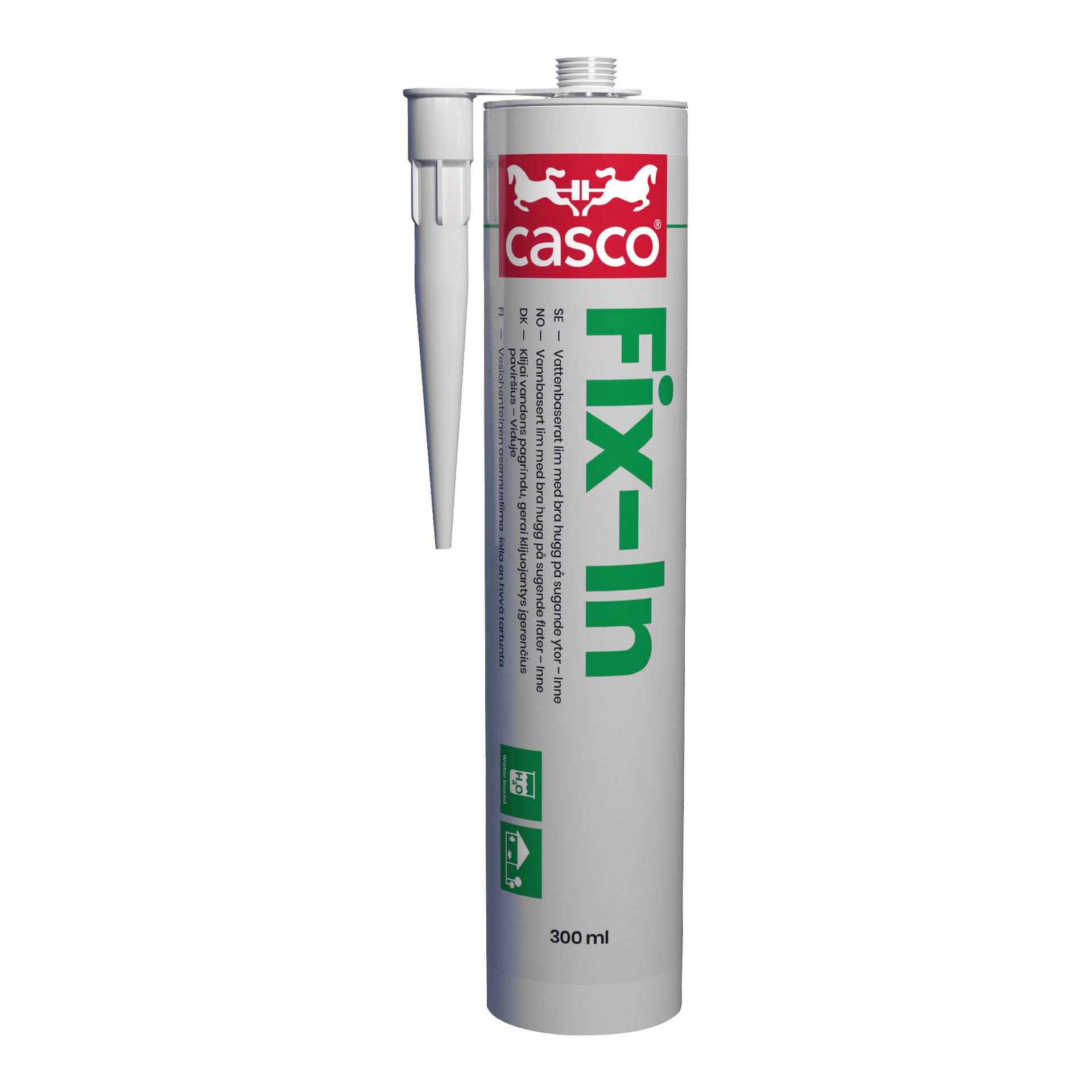 Ett 300 ml Casco Fix-In Assembly-limrör med vitt munstycke, grön och röd etikett samt produktdetaljer på framsidan.