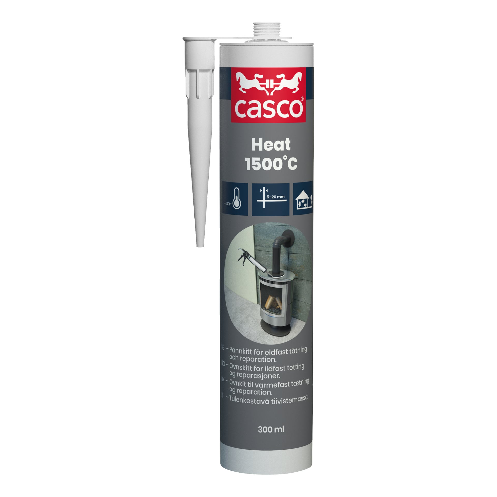 Ett 300 ml Casco Boiler Putty Heat 1500 °C tätningsrör med applikatormunstycke och etikett som visar en spisdiagram och produktinformation.