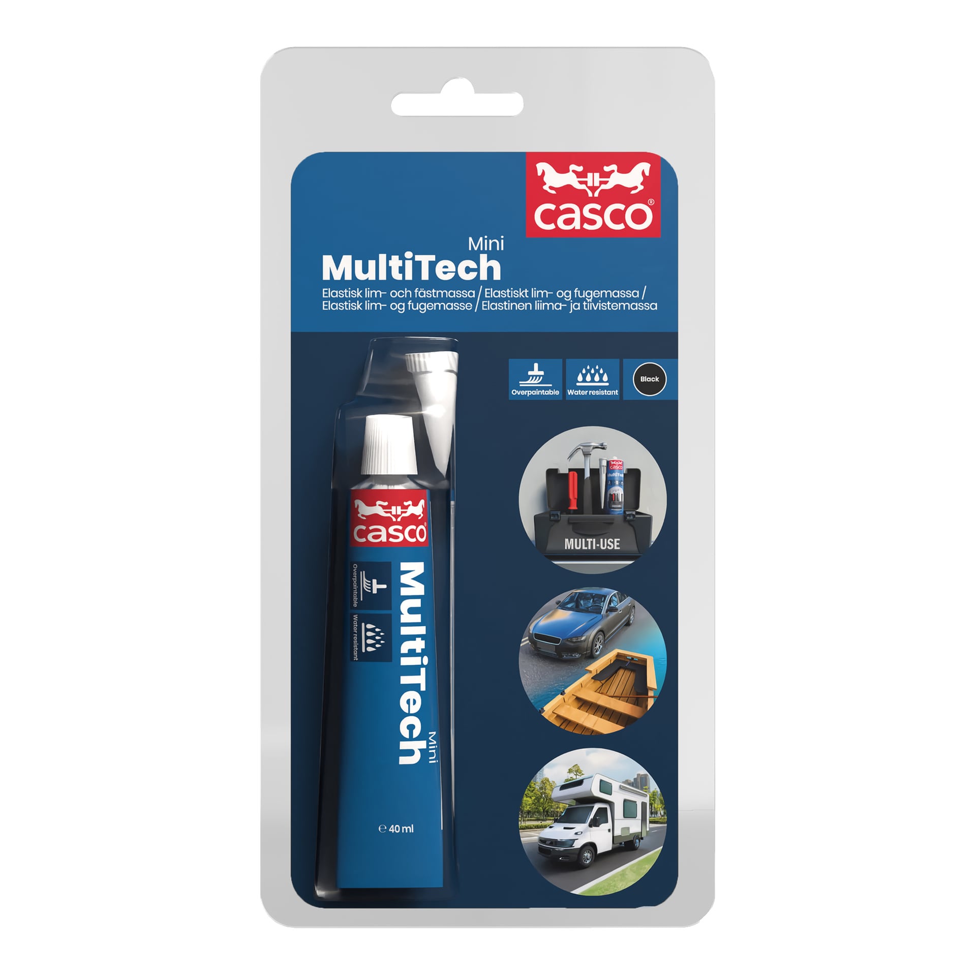 Ett förpackat rör av Casco All-round tätningsmedel MultiTech Mini White med munstycke. Förpackningen är blå, röd och vit och innehåller produktinformation och bilder som illustrerar användning på rör, bilar, båtar och husbil. Texten på förpackningen lyder "All-round tätningsmedel MultiTech Mini White" tillsammans med användningsinstruktioner och detaljer.