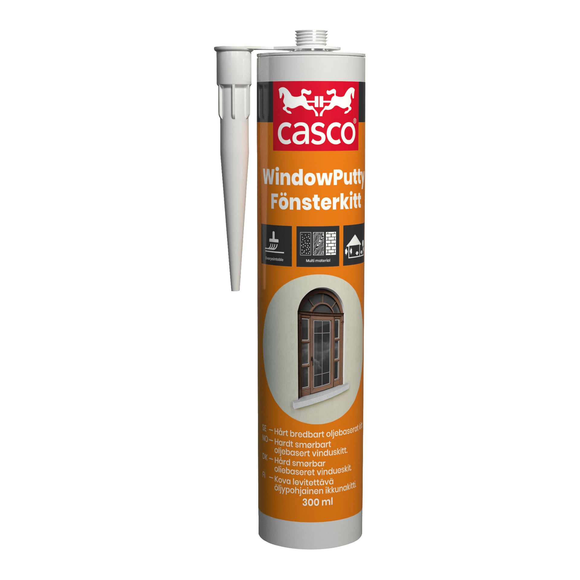 Et 300 ml Casco WindowPutty-rør med en dyse, med en oransje og hvit etikett med vindusbilde og produktdetaljer.