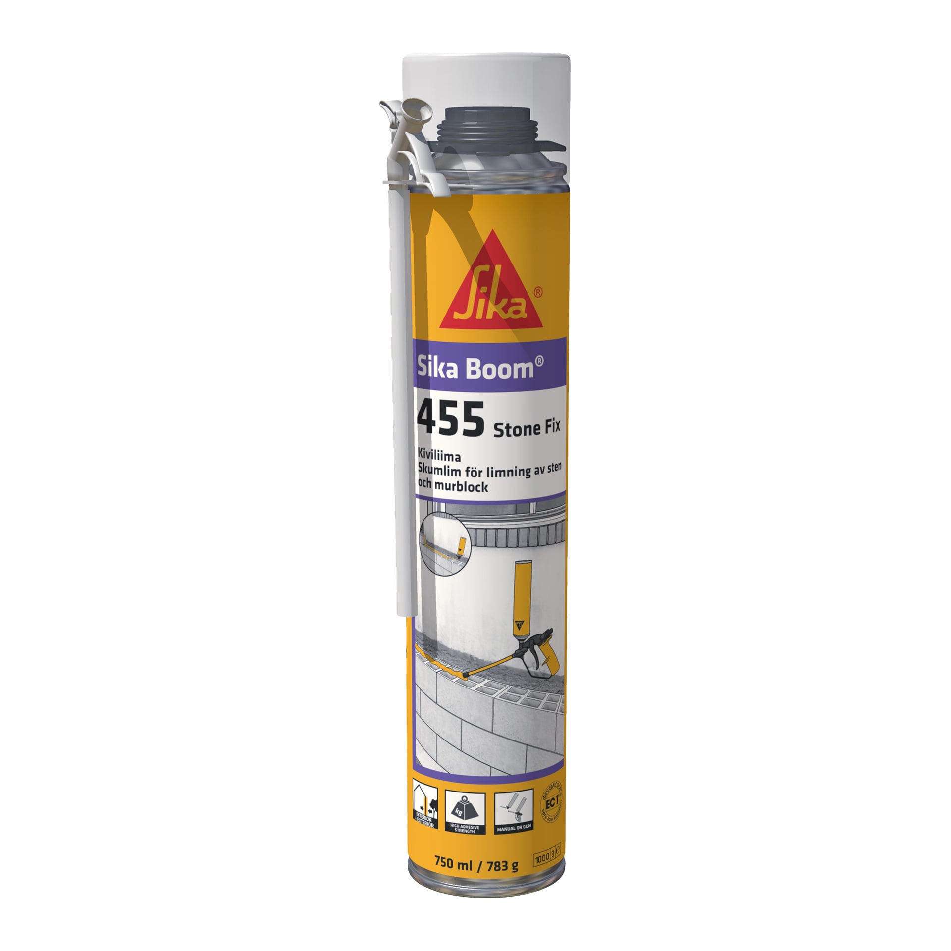 En 750 ml / 783 g Sika Boom 455 Stone Fix PU-limburk med munstycke, märkt för sten- och blockfixering, märkt med Sika-märket.