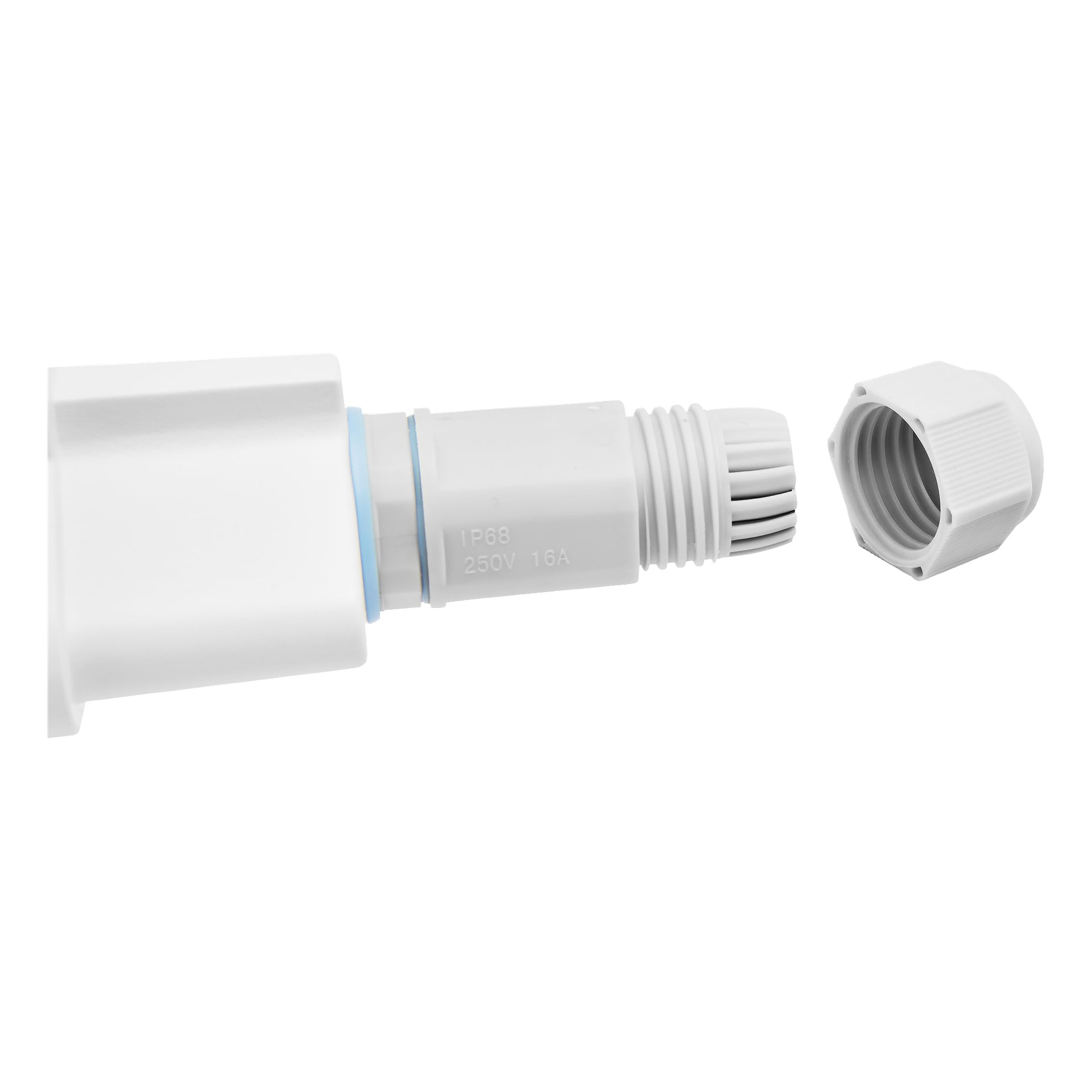 Närbild på en Anslut LED-lampans vita kontakt, locket av, för att visa gängorna och en etikett med texten IP68 250V 16A.