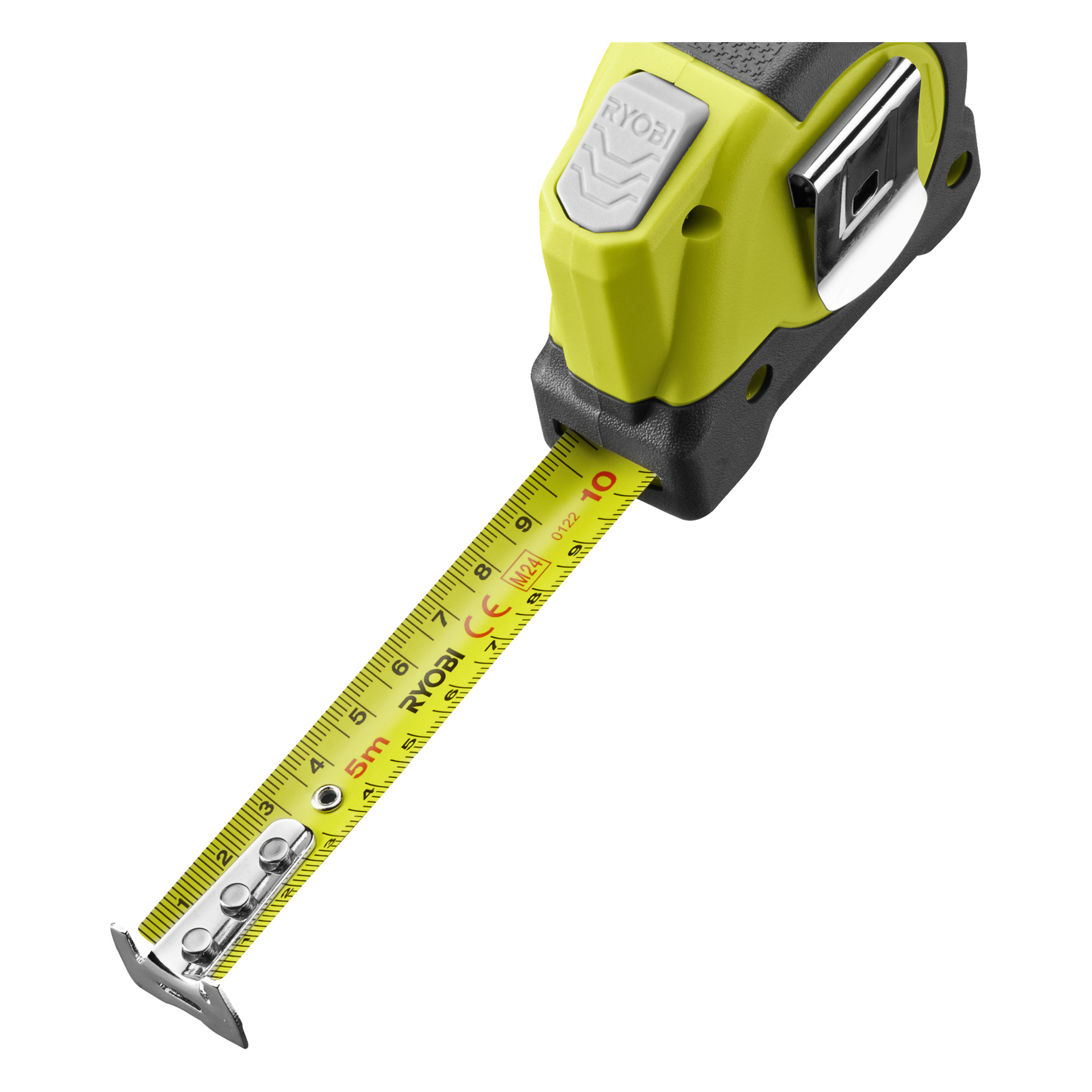 Ett gult och svart Ryobi RHMT5-måttband med sitt gula band delvis utdraget, som visar centimeter- och tummått.