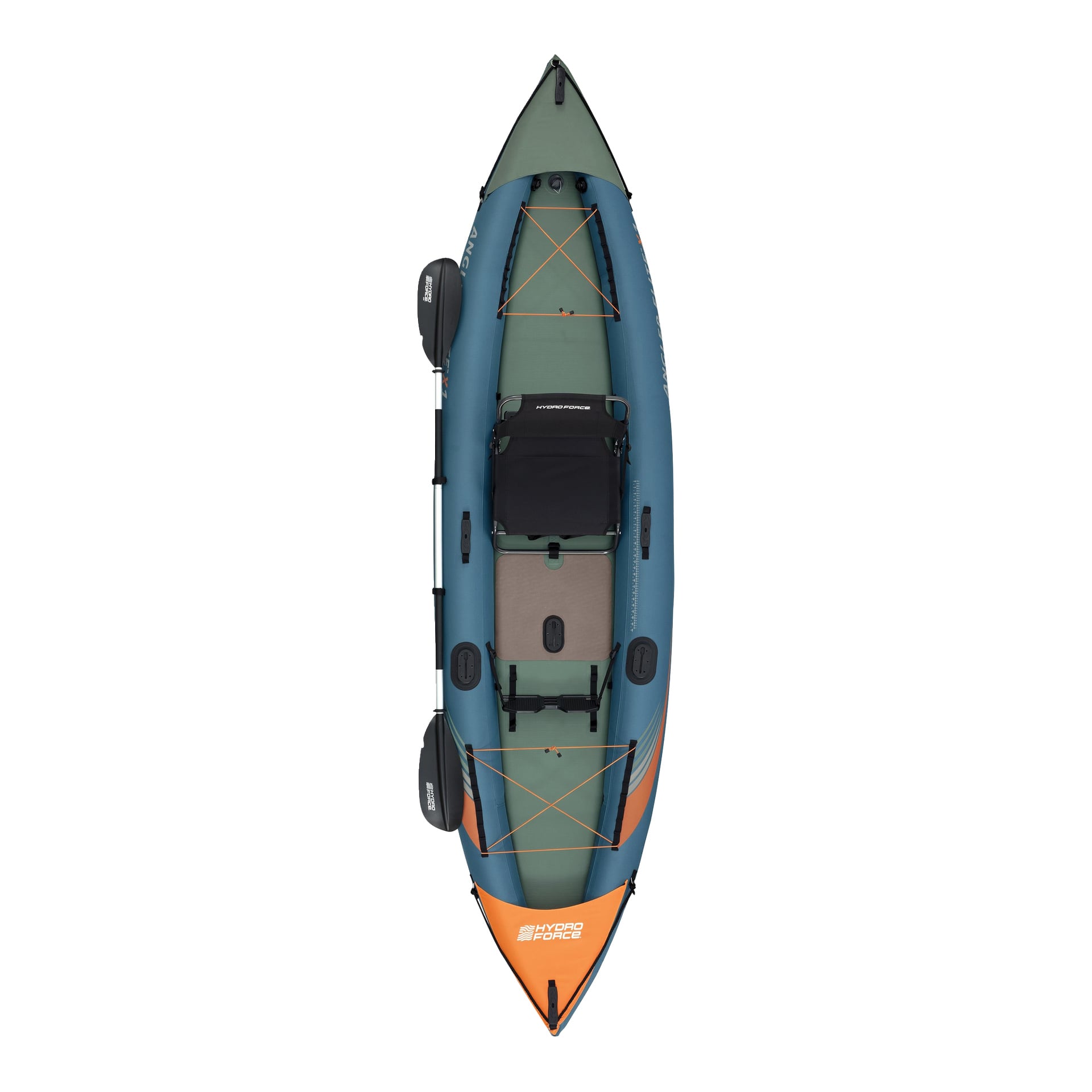 Bestway Elite X1 Inflatable Fishing Kayak -kajakin ylhäältä näkyvissä istuin, jalkatuet, melatelinteet, oranssinsininen runko ja musta mela vasemmalla.