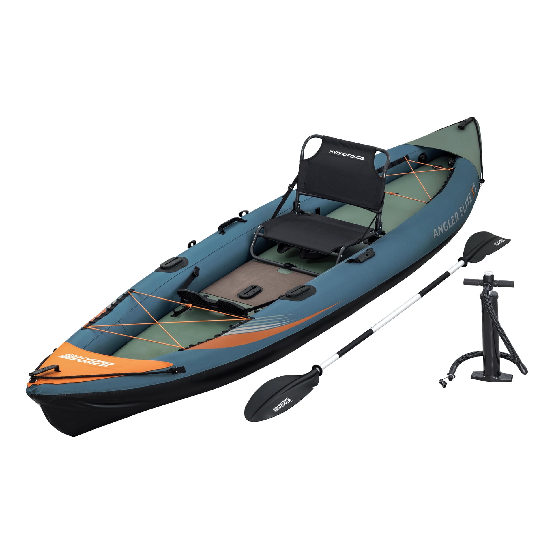 Sininen ja oranssi ilmatäytteinen kajakki, jossa on musta istuin, mela, jalkapumppu, keulabenjiköydet ja Elite X1 Fishing Kayak Set -brändäys.
