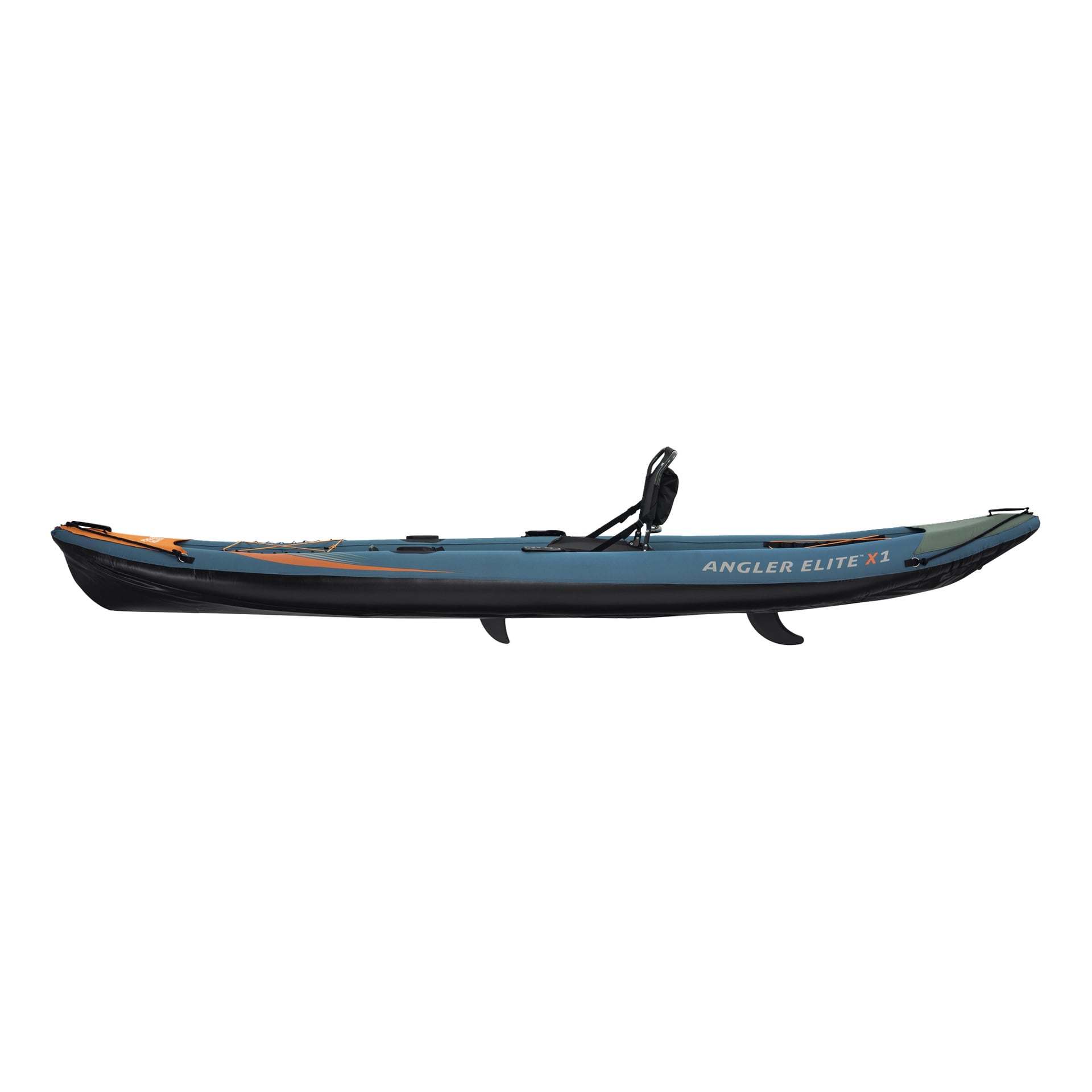 Sinimustan Bestway Inflatable Kayak Elite X1 -kalastussetin sivuprofiili, jossa on oransseja yksityiskohtia, säädettävä istuin ja alaevät.