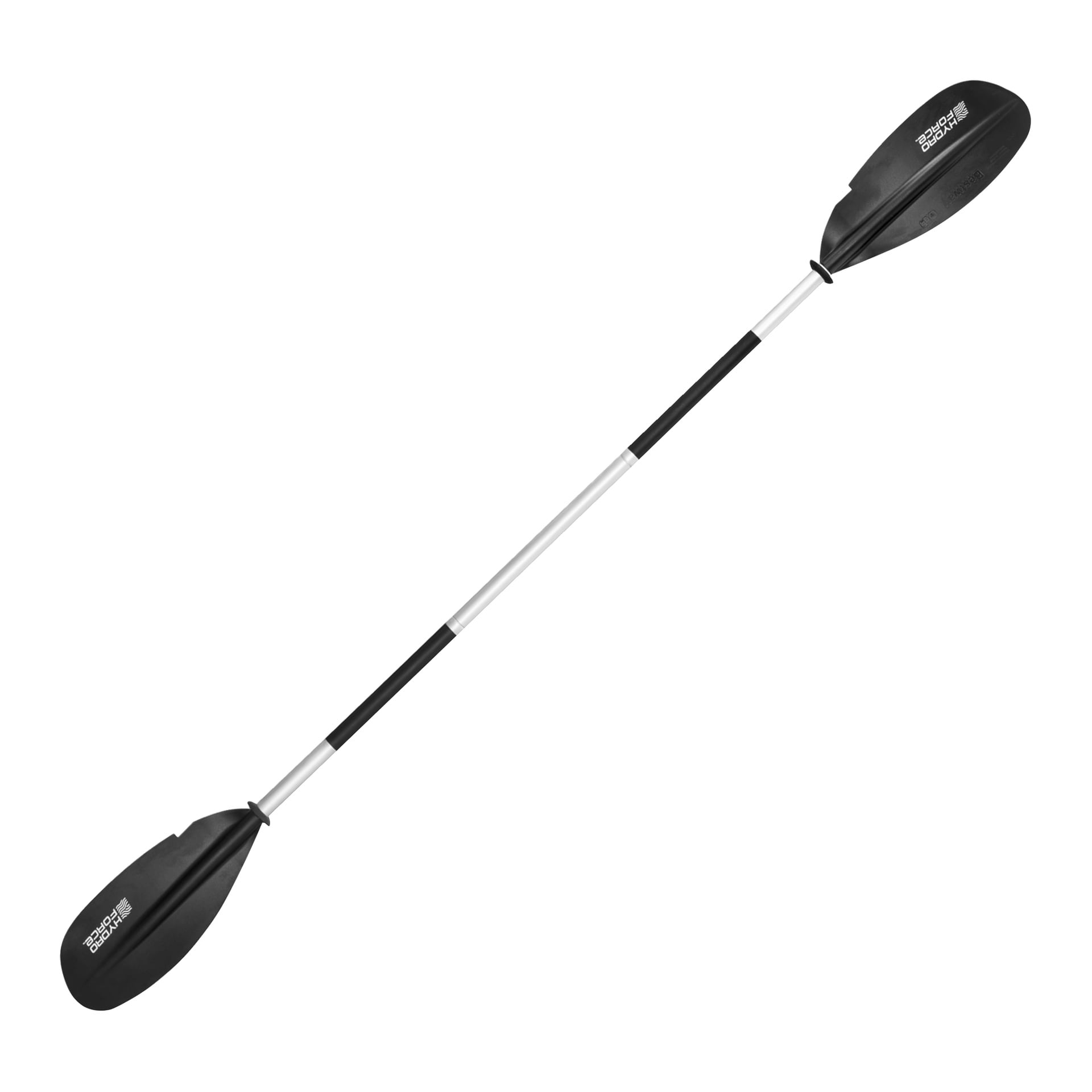 Bestway Inflatable Kayak Elite X1 Fishing Kayak Setissä on kaksiteräinen mela, jossa on hopeinen varsi ja mustat terät, joissa on teksti.
