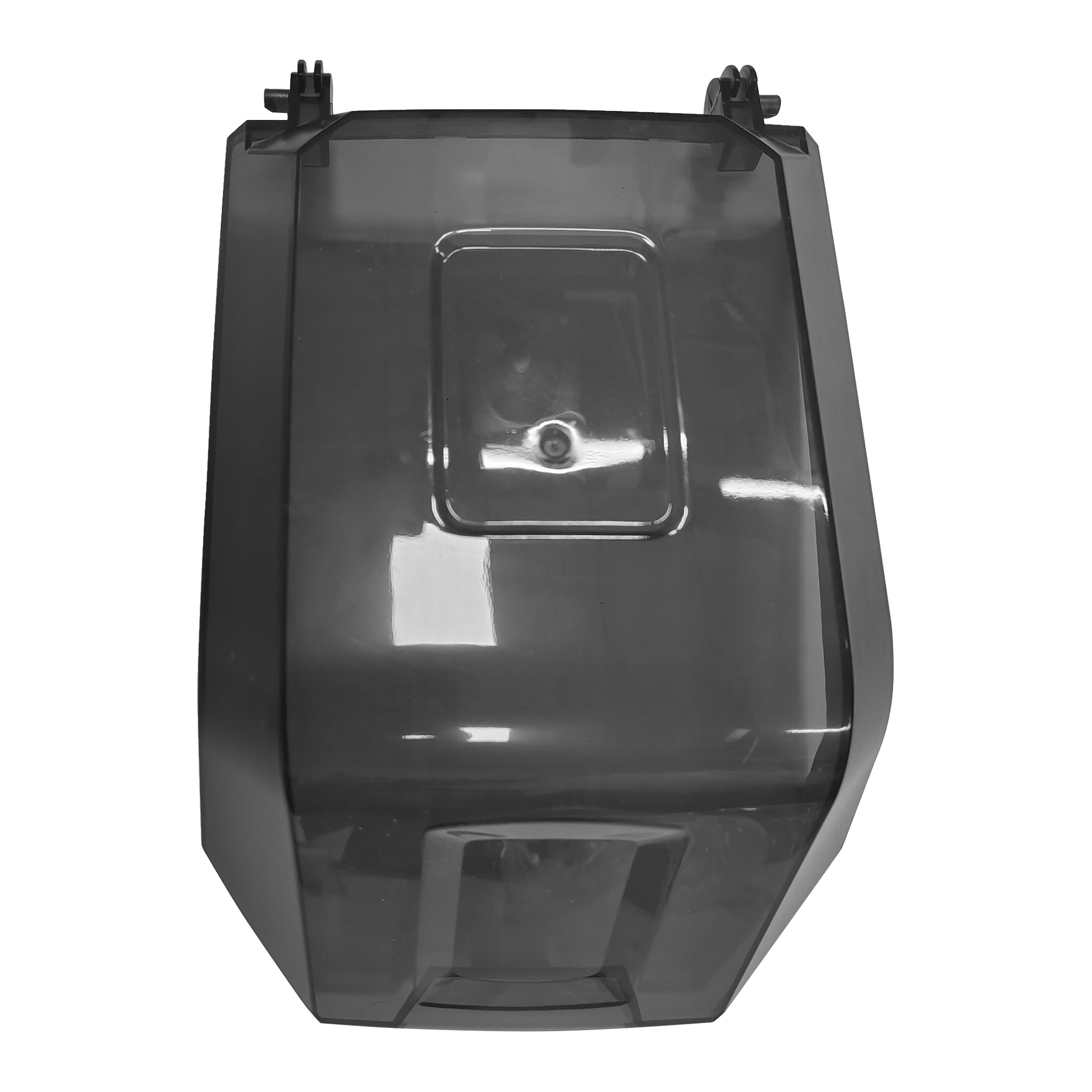 Et rektangulært, halvgjennomsiktig plastbatterideksel for en gressklipper med en sentral firkantet fordypning og to hengsler øverst.