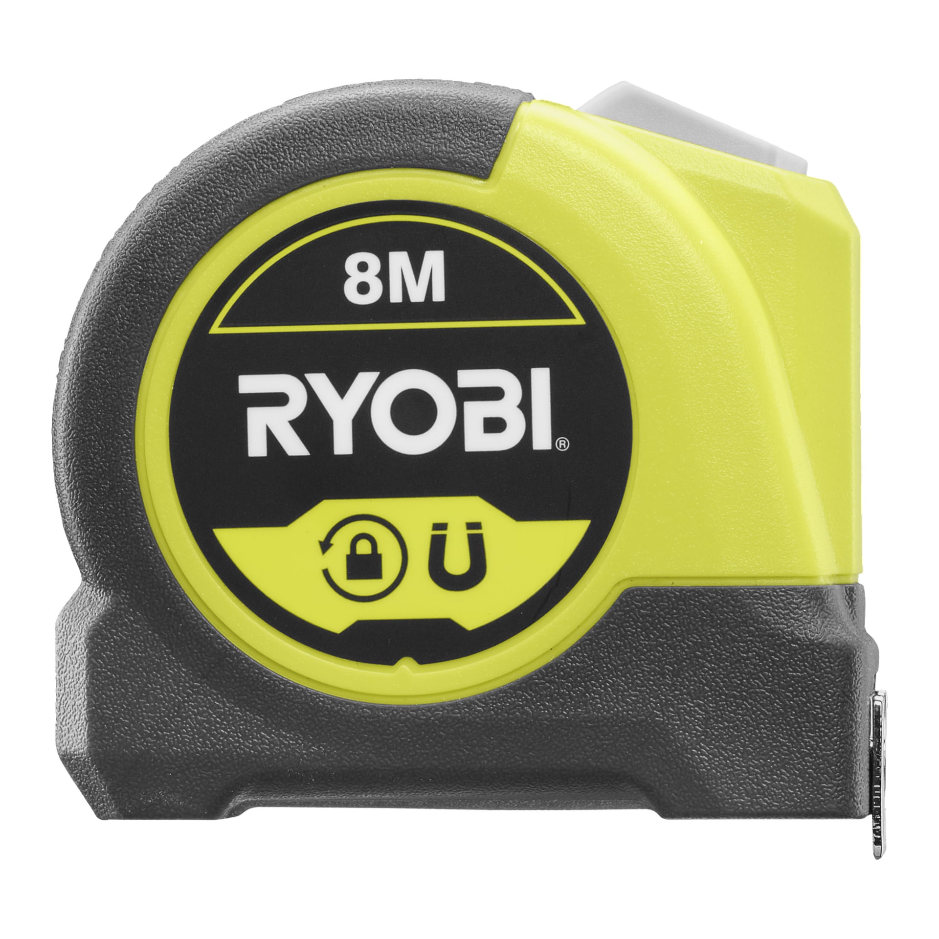 Gult och svart Ryobi RHMTM8-måttband med 8 meter markerat framtill samt lås- och magnetikoner under varumärket.