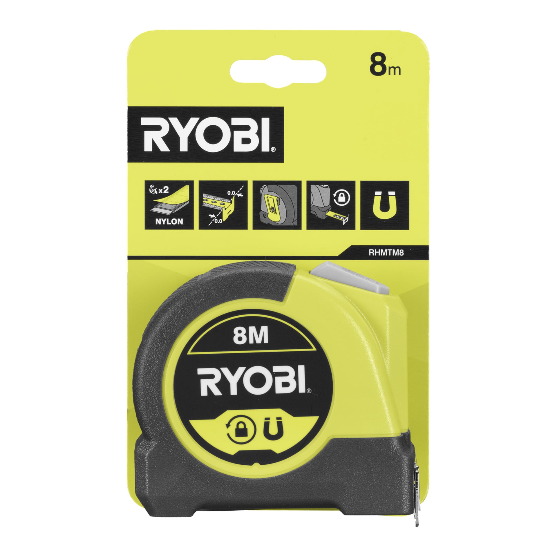 Ryobi Måttband RHMTM8 i svart och gul förpackning med nylonbeläggningsikoner, dubbla magneter, lås och klar märkning.