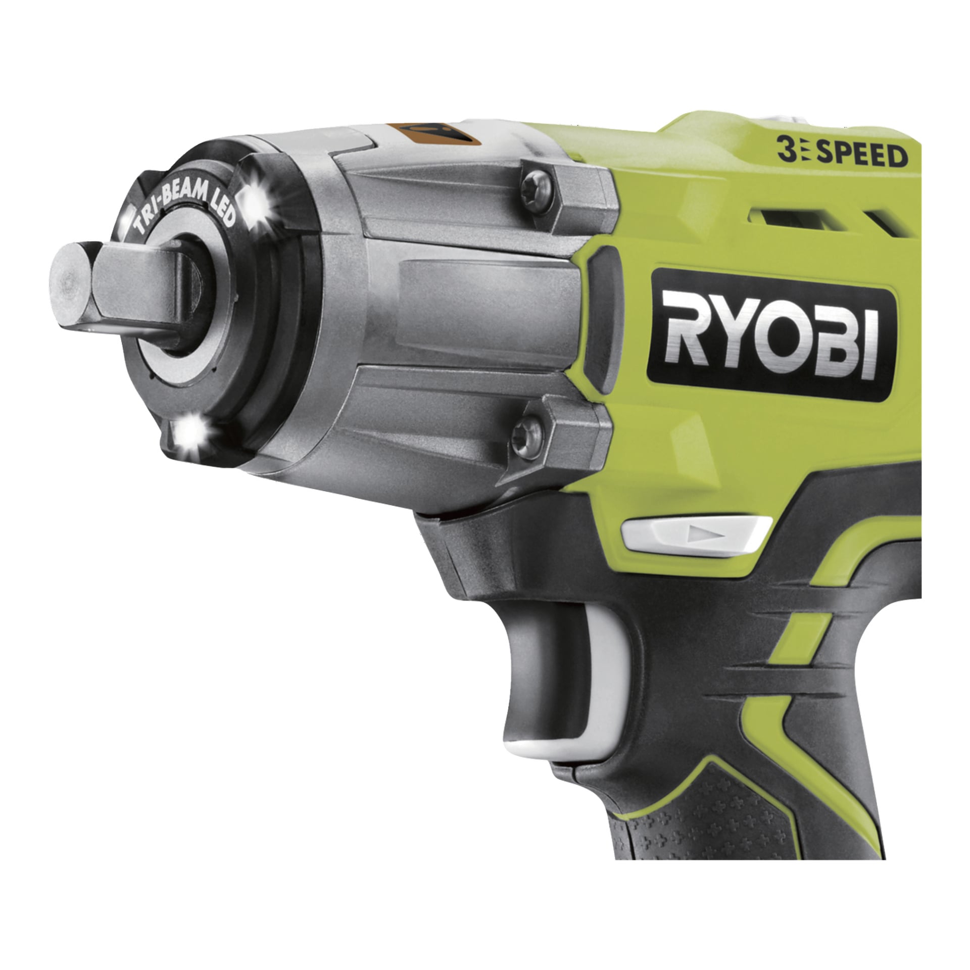 Ryobi One+ batteridriven slagnyckel RIW183N-0, svart och grön med silverhuvud, tre LED-lampor och "3 SPEED" uppe till höger.