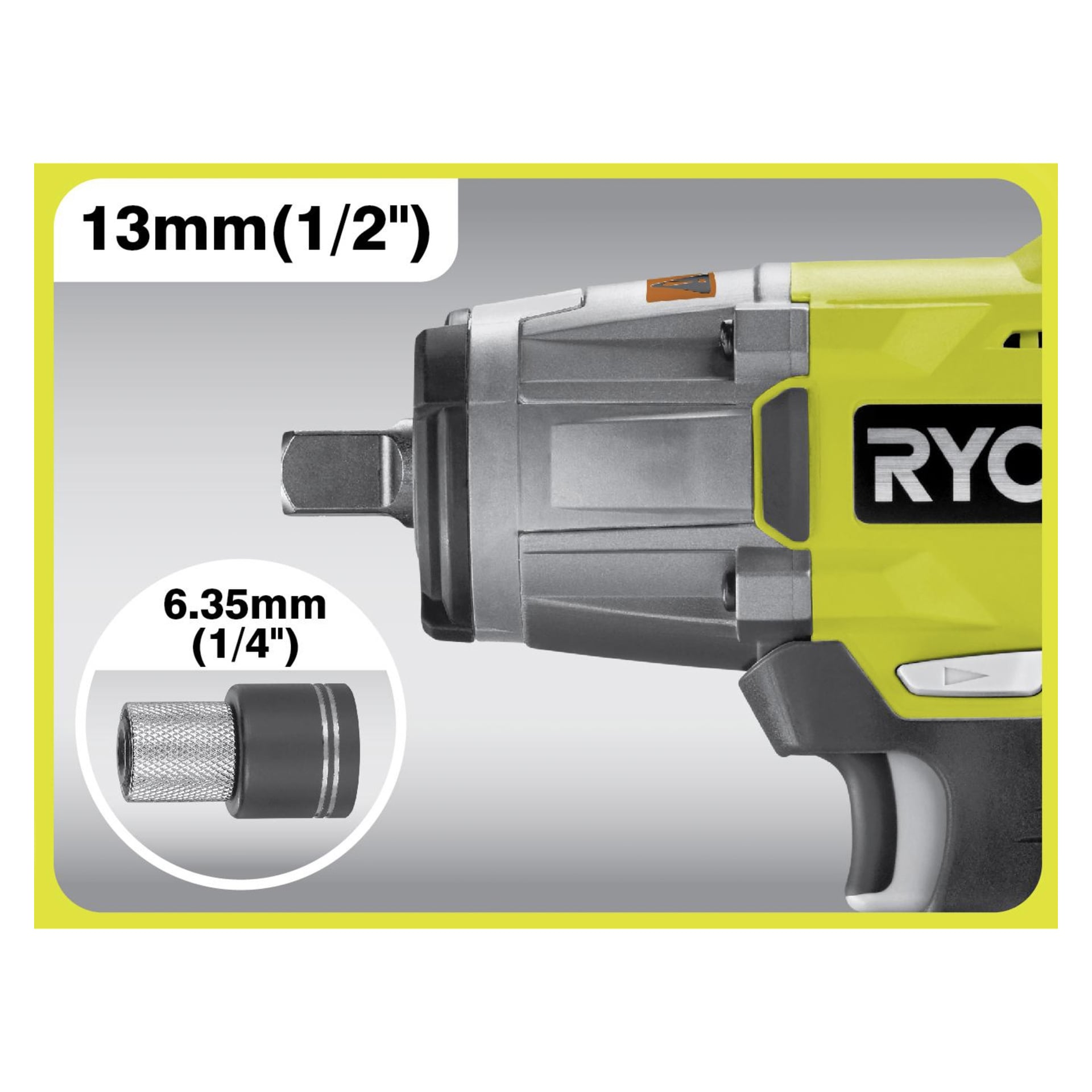 Ryobi One+ slagnyckel RIW183N-0 med 13 mm drivning, bredvid en 6,35 mm adapter infälld; Båda visar sina storlekar.