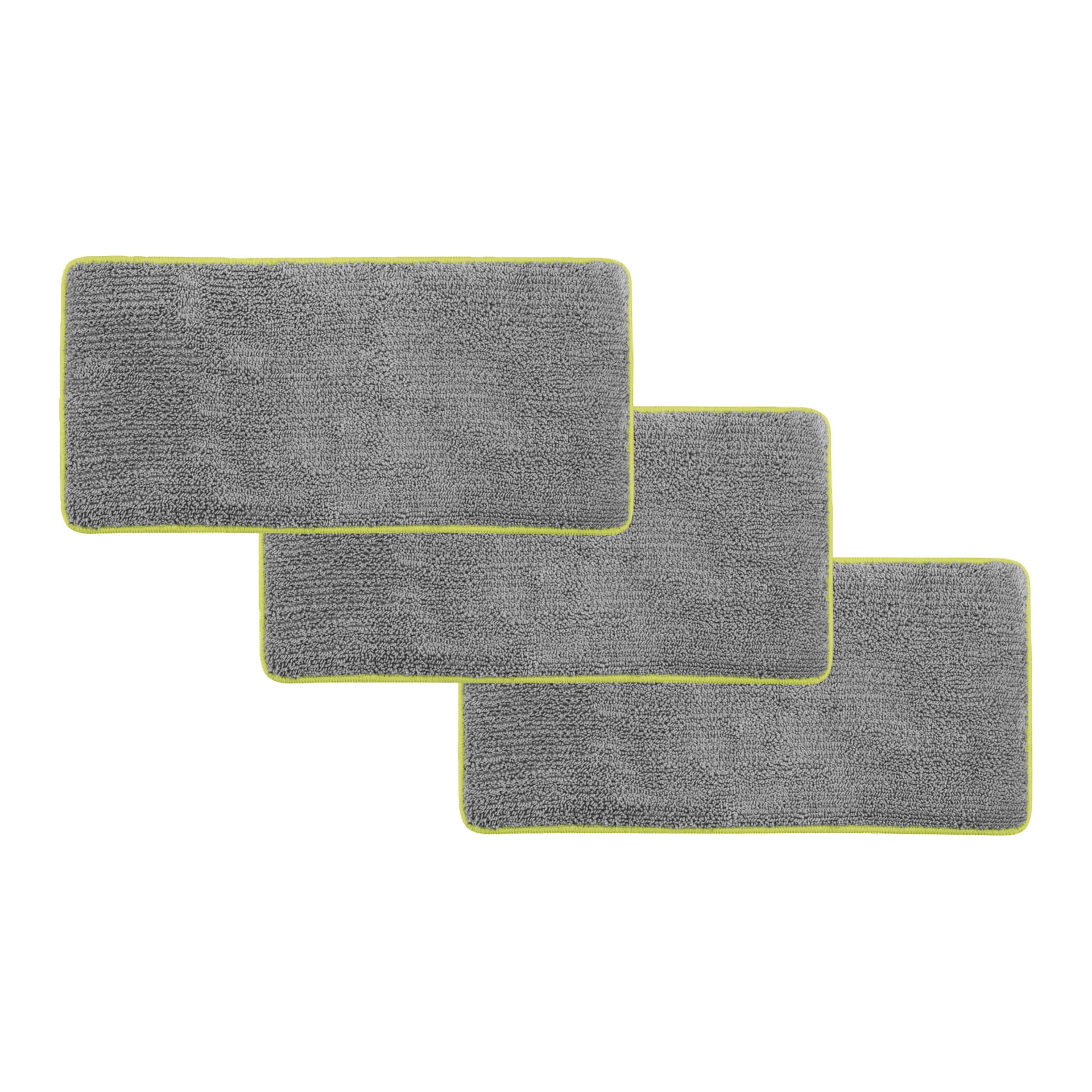 Tre rektangulära Ryobi USB Lithium Mopp-tygmattor, grå med gulgröna kanter, överlappar i en 3-pack förskjuten display.